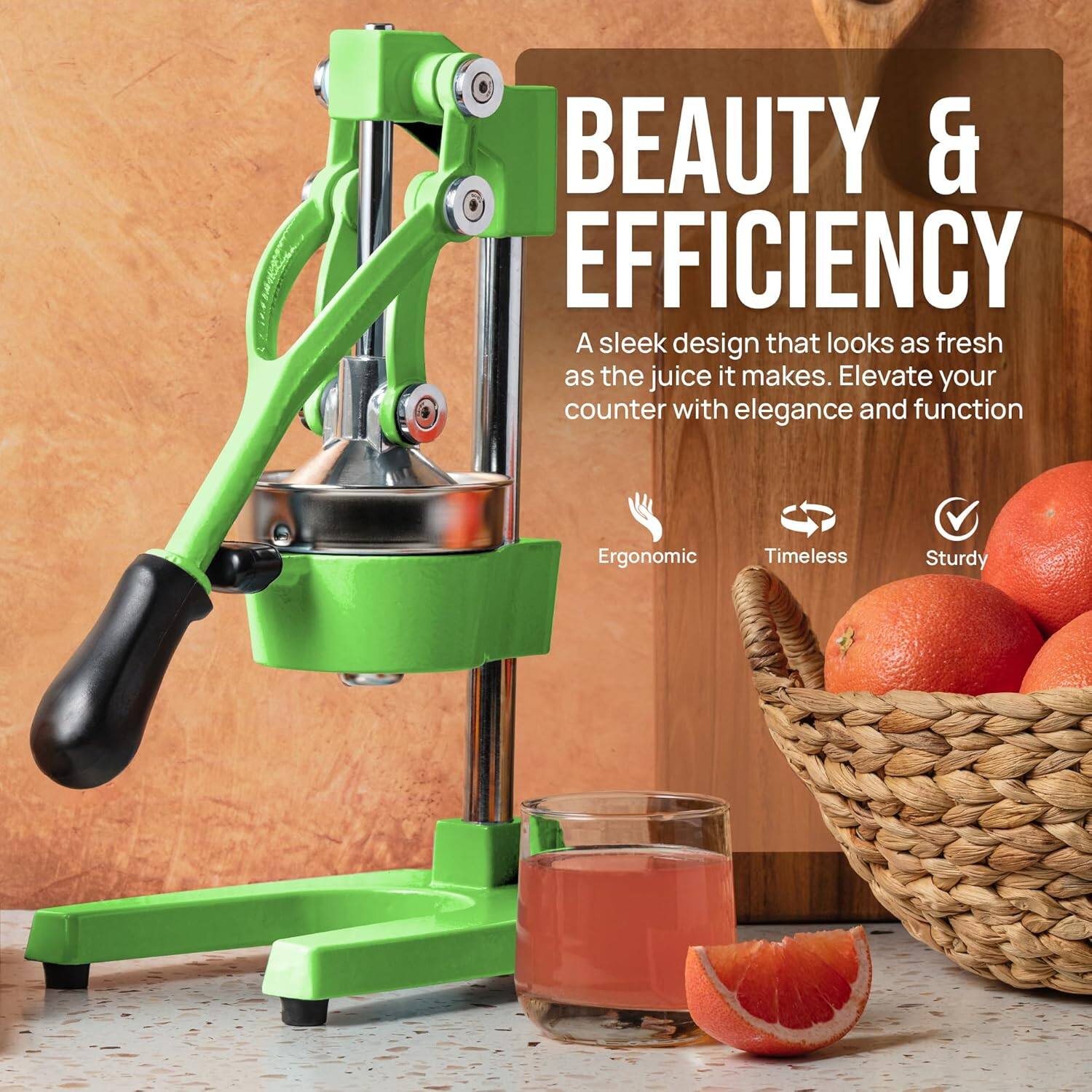 BEAUTY & EFFICIENCY

A sleek design that looks as fresh as the juice it makes. Elevate your counter with elegance and function

Ergonomic  
Timeless  
Sturdy