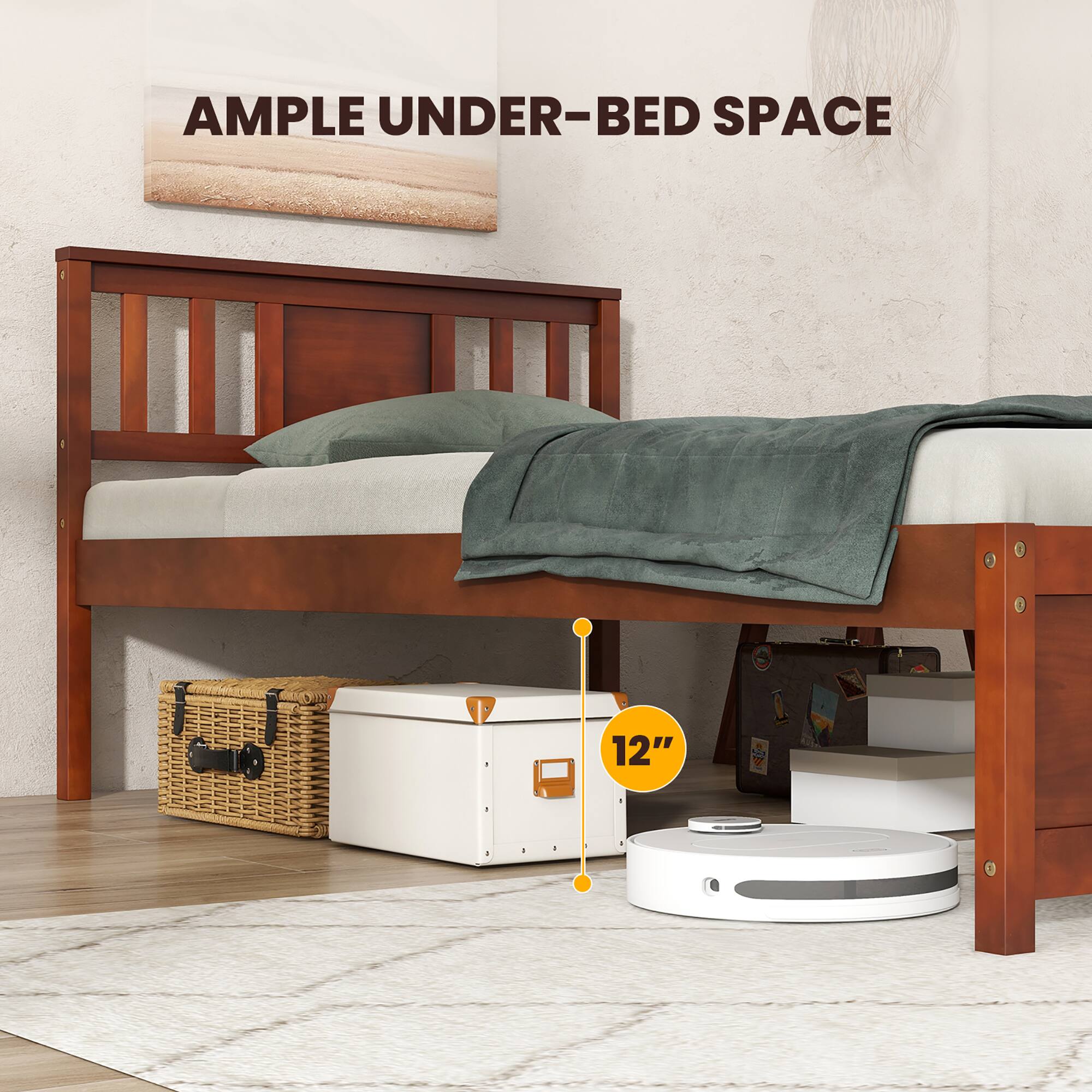 The corrected text from the image is:

"AMPLE UNDER-BED SPACE 12"