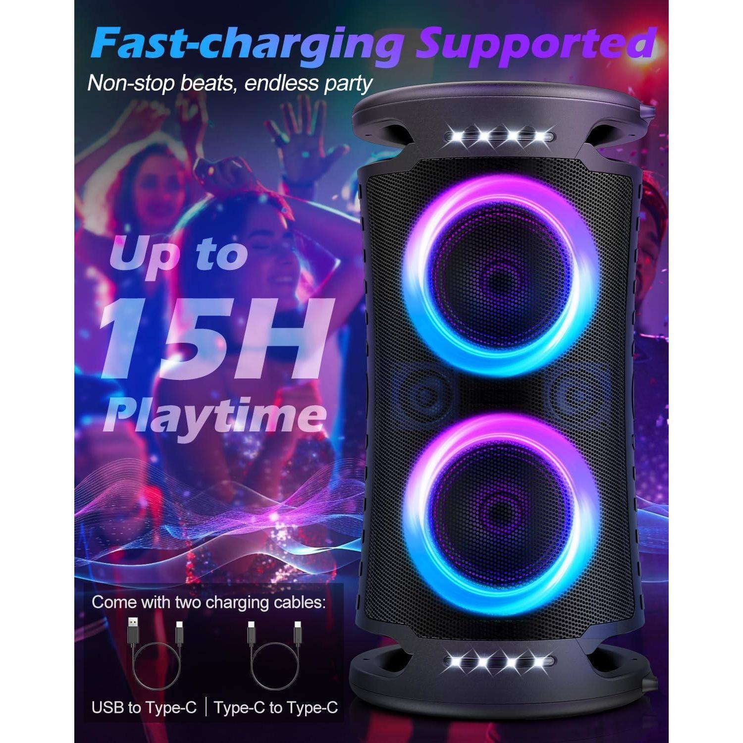 Fast-charging Supported  
Non-stop beats, endless party  

Up to 15H Playtime  

Come with two charging cables:  
USB to Type-C | Type-C to Type-C