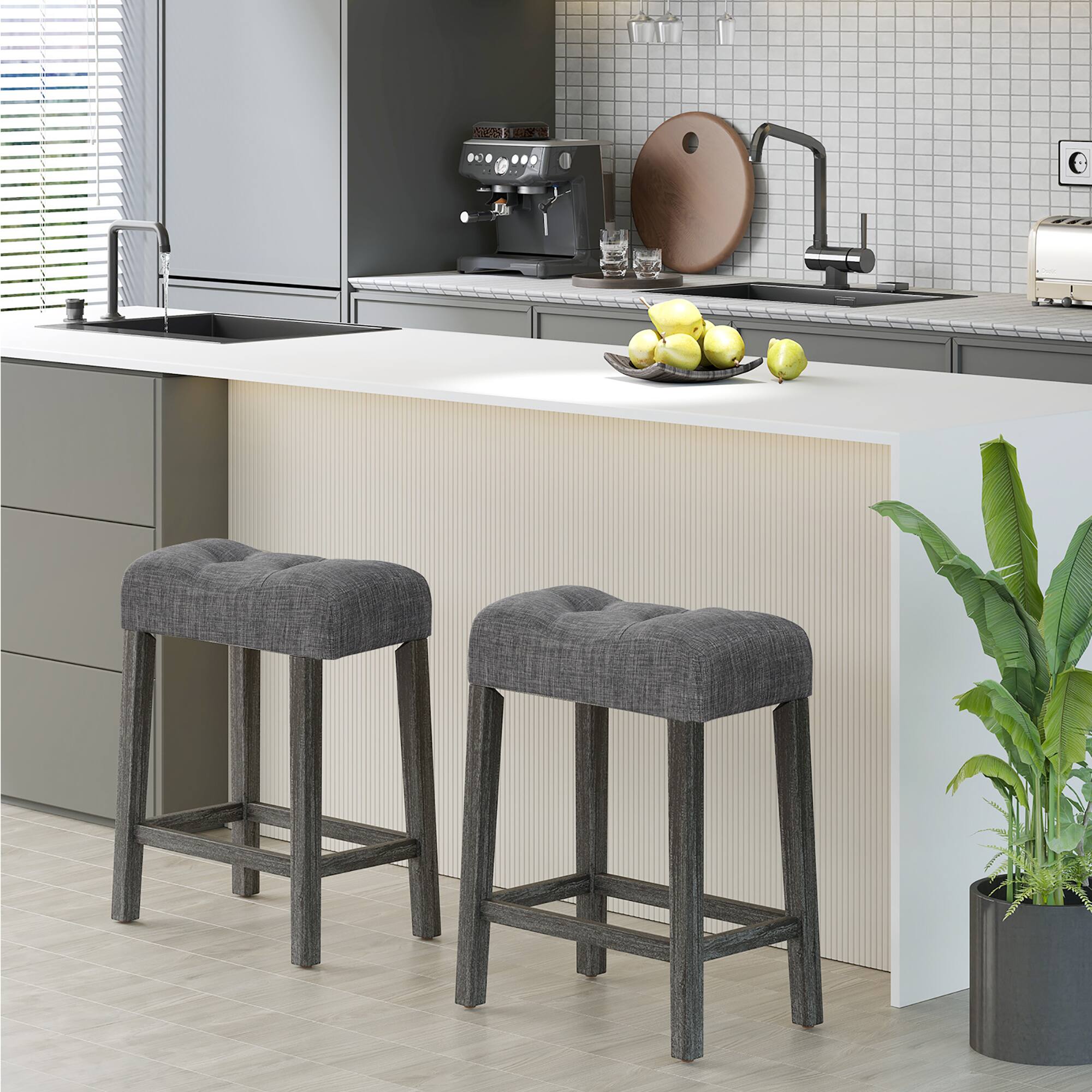 Alt View 1. Gymax - Gymax 24'' Saddle Bar Stools Set of 2 w/ Footrest Rubber Wood Frame for Kitchen Island - Gray.