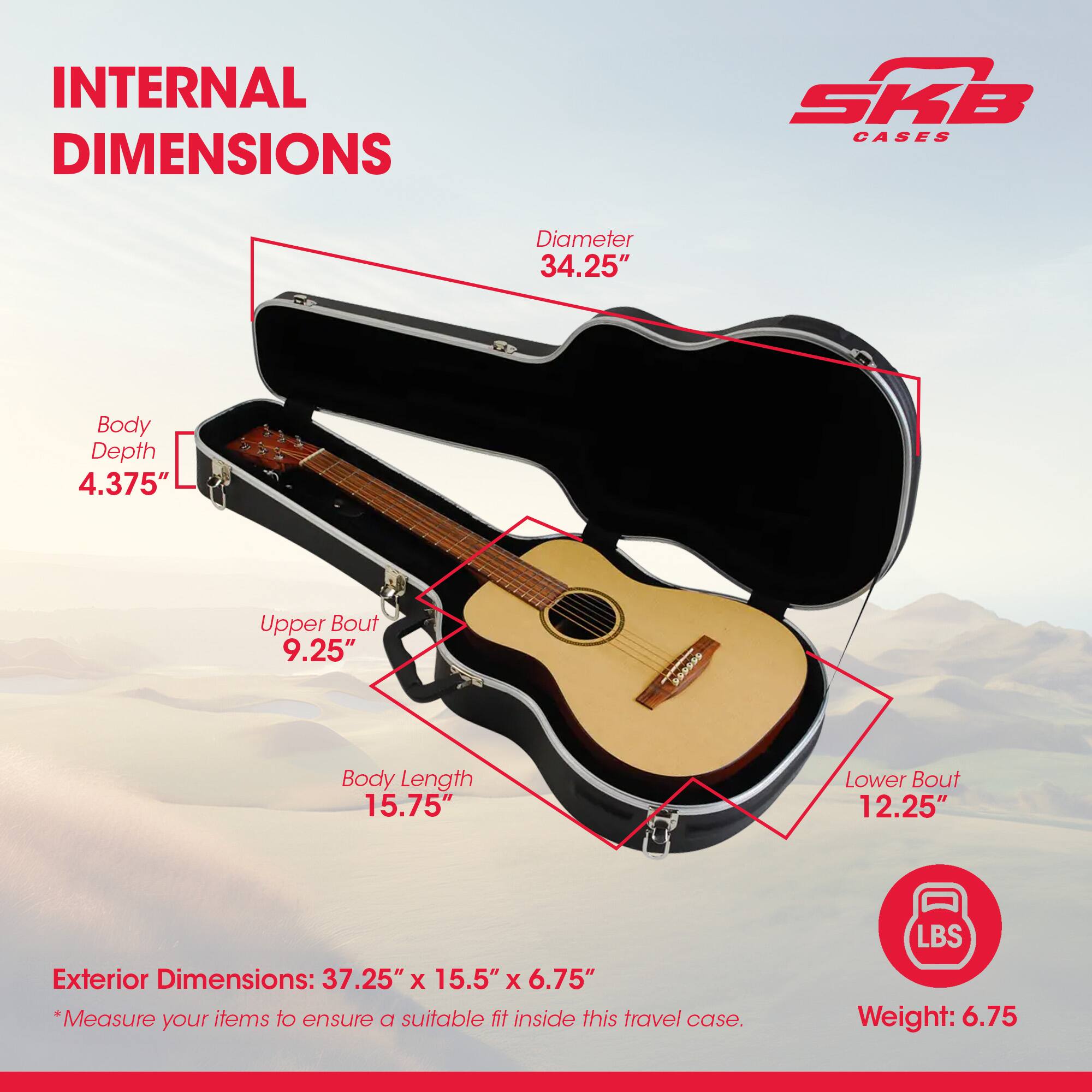 **INTERNAL DIMENSIONS**

- Diameter: 34.25"
- Body Depth: 4.375"
- Upper Bout: 9.25"
- Body Length: 15.75"
- Lower Bout: 12.25"

**Exterior Dimensions:** 37.25" x 15.5" x 6.75"

*Measure your items to ensure a suitable fit inside this travel case.*

**Weight:** 6.75 lbs