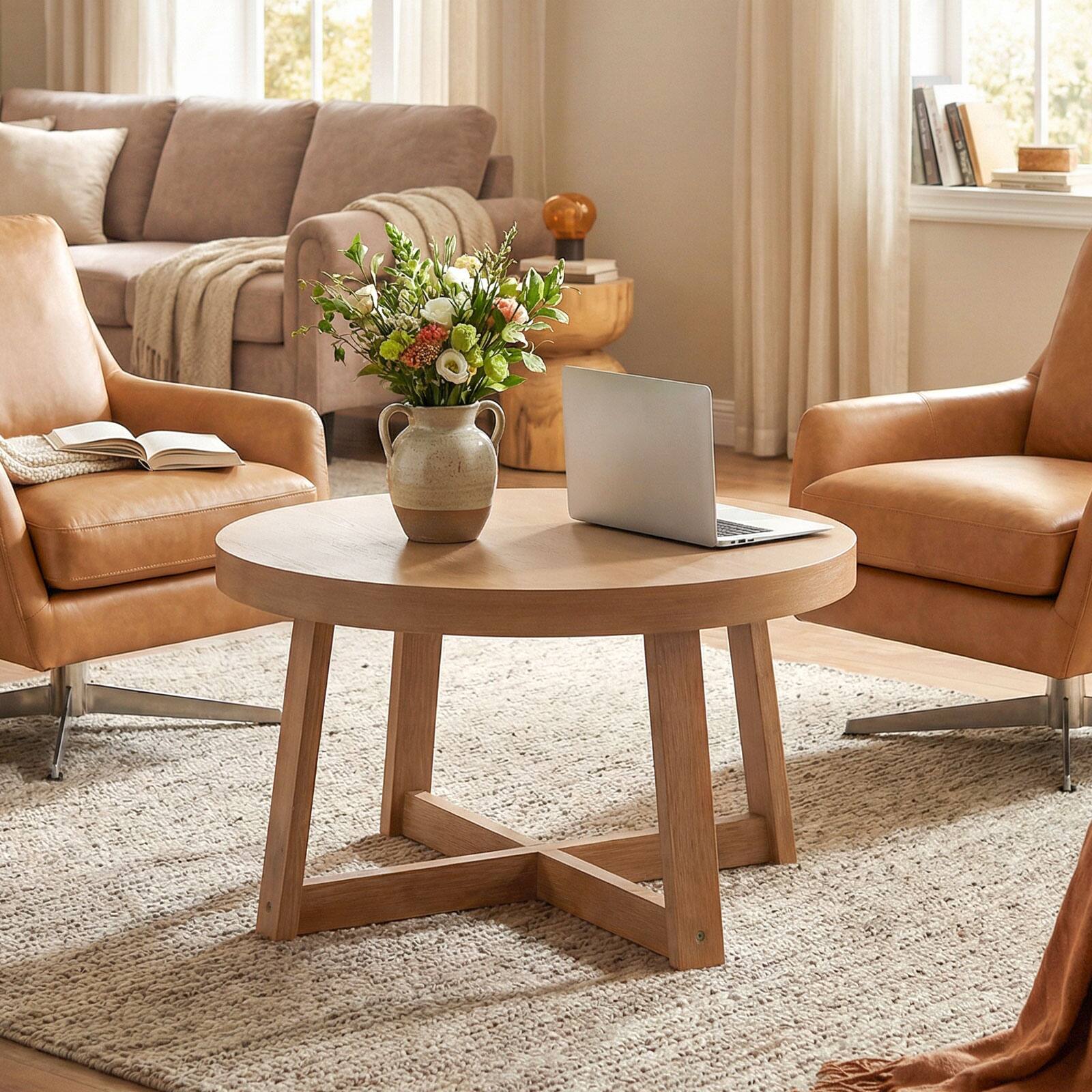 Alt View 3. Gymax - Gymax 30'' Round Coffee Table w/Solid Wood Cross-Shaped Base.Farmhouse Accent Tea Table - Yellow.