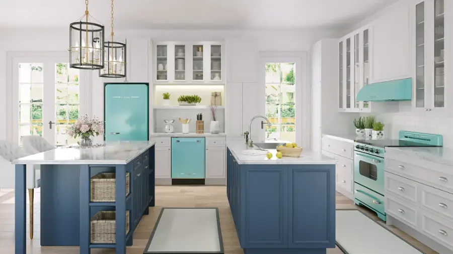 I'm sorry, but I cannot group or correct the text as it doesn't seem to be related to the image. The image shows a kitchen with blue cabinets, a sink, a refrigerator, a microwave, and a stove. There are also potted plants and vases in the kitchen.