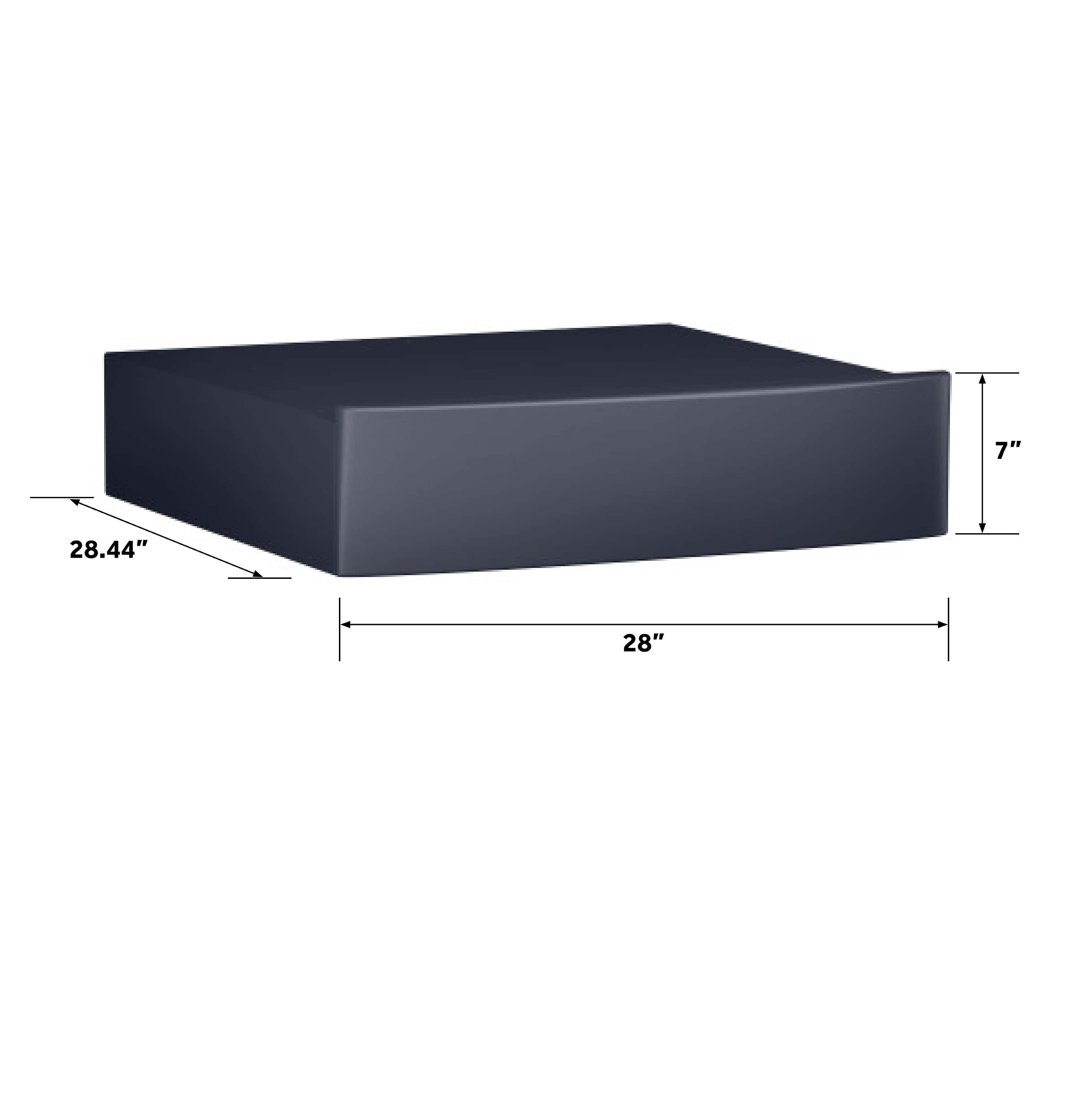 The image shows a black box with measurements on it. The measurements are 4" x 7" x 28".