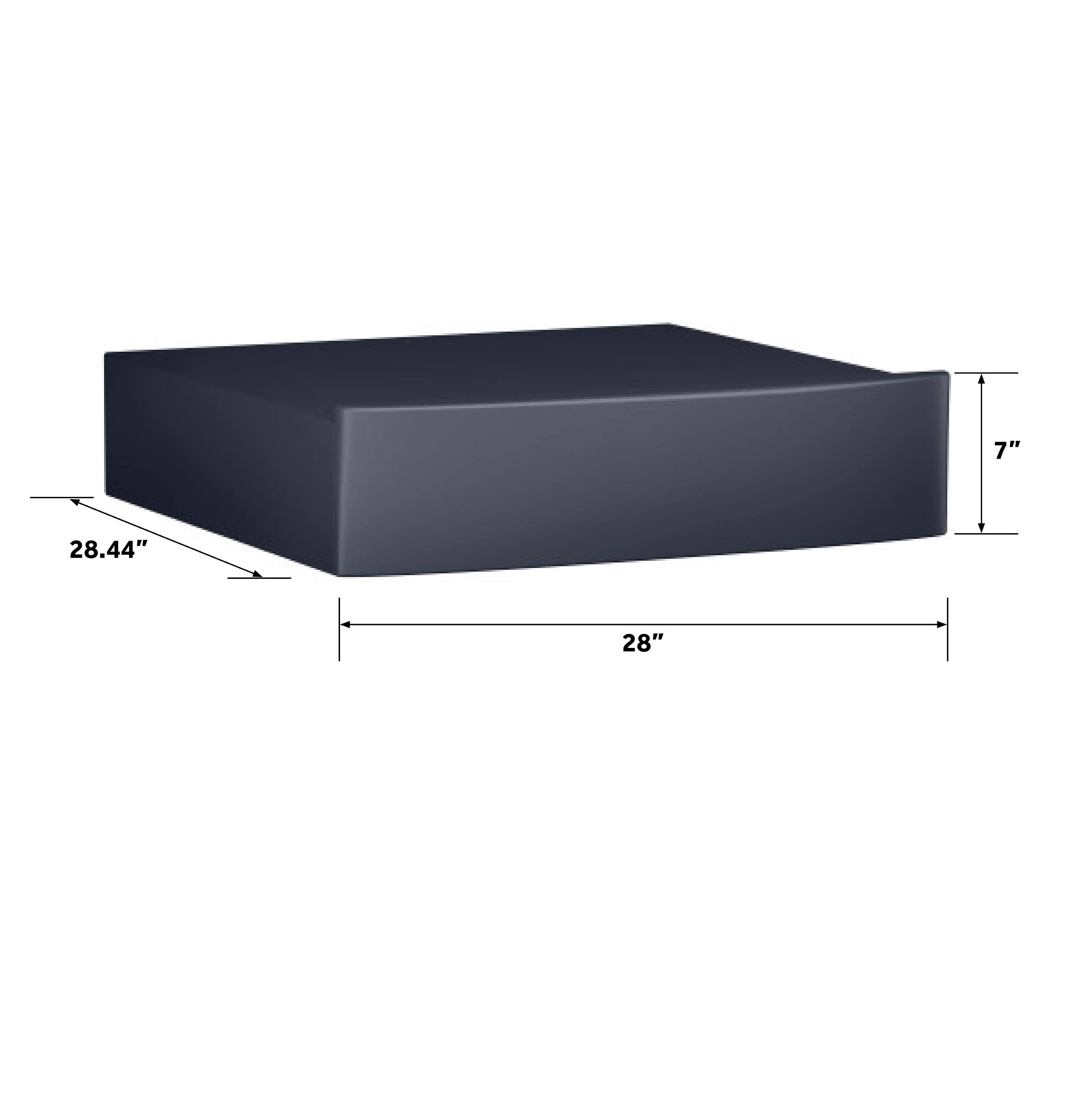 The image shows a black box with measurements on it. The measurements are 4" x 7" x 28".