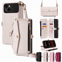 Topteng - 6-in-1 Wallet Case for iPhone 13/13 Pro/13 Pro Max with Wrist & Crossbody Straps, Zipper Pocket, Card Holders - iPhone 13 White