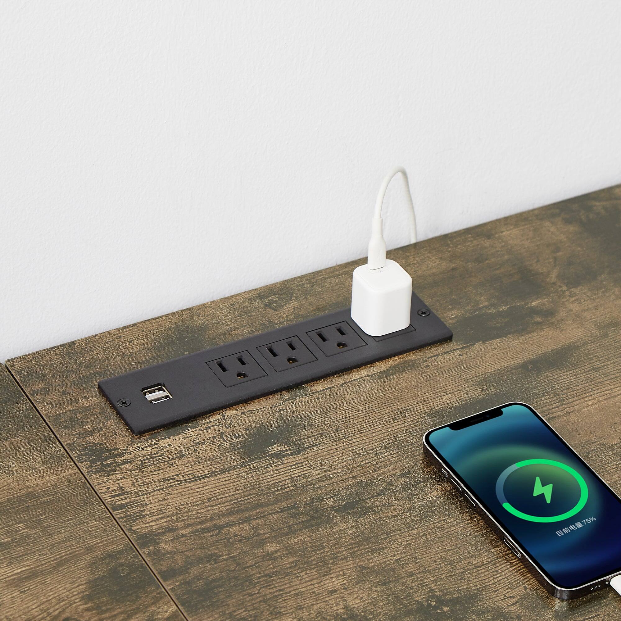 Angle. Vecelo - 71 Inch Industrial TV Stand with Heavy Duty Rust-Proof Frame, 160lb Capacity & Vintage Design for Living Room - 71" Brown with socket.