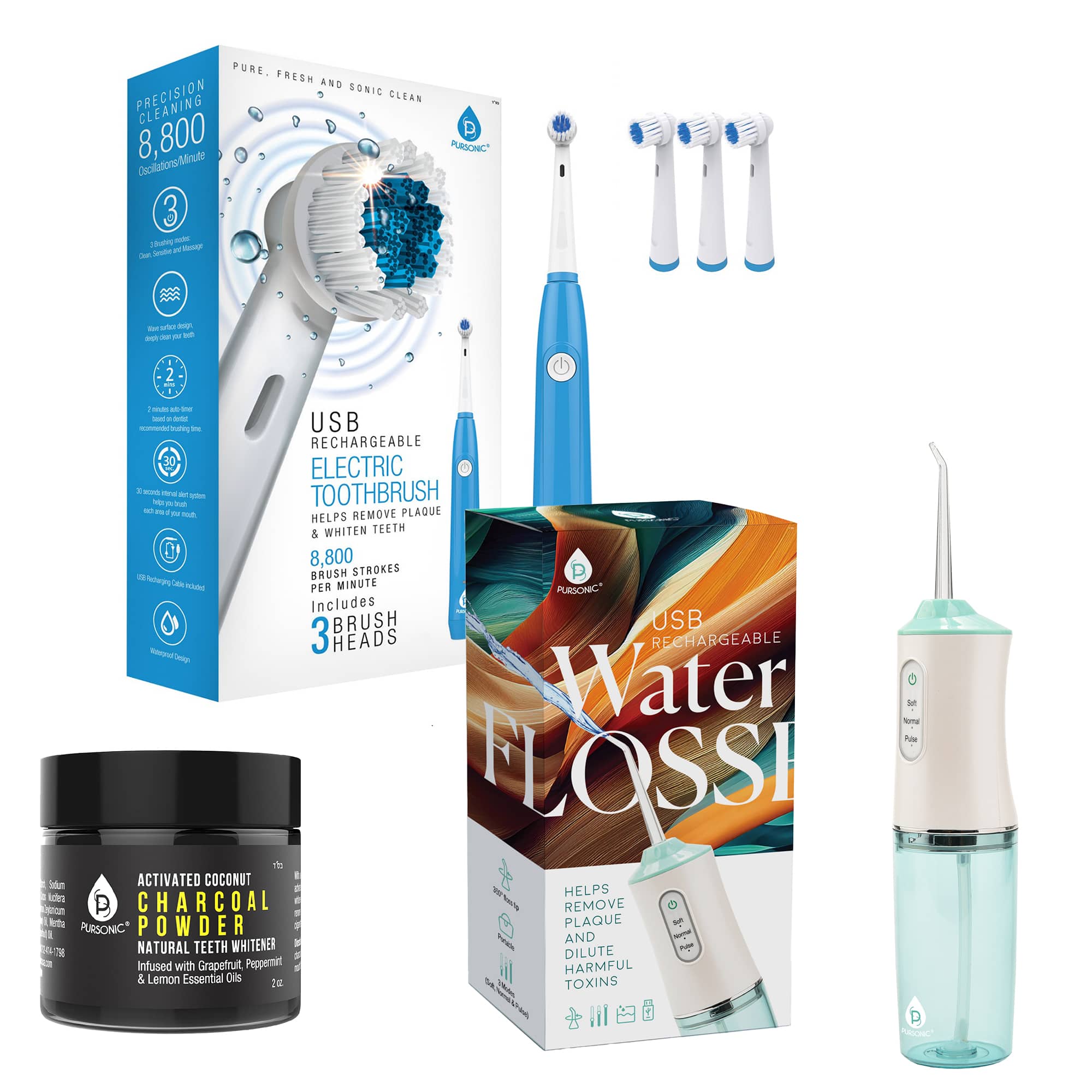Pursonic - Complete Dental Care Power Pack - Electric Toothbrush, Water Flosser & Whitening Powder - Multicolor