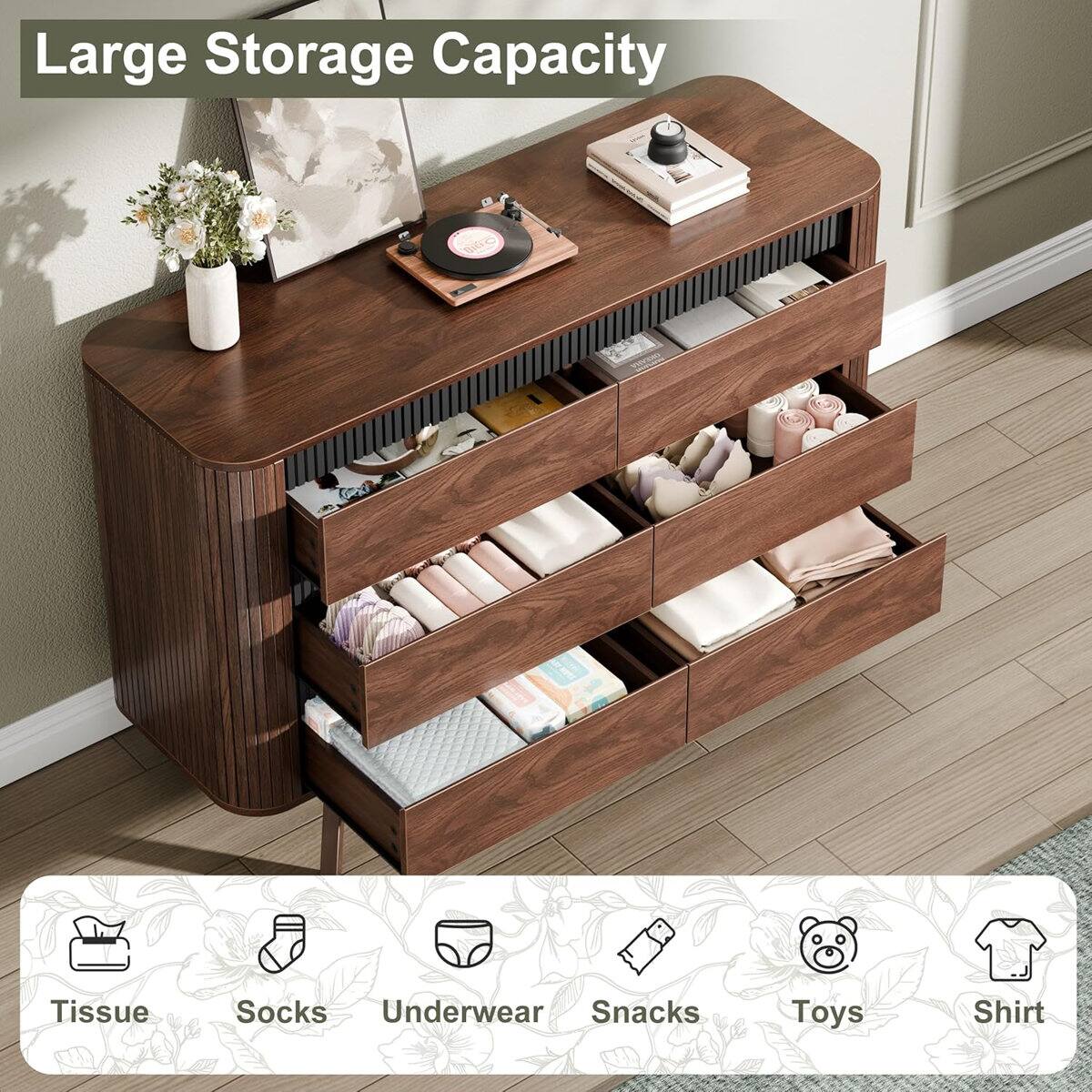 Large Storage Capacity

- Tissue
- Socks
- Underwear
- Snacks
- Toys
- Shirt