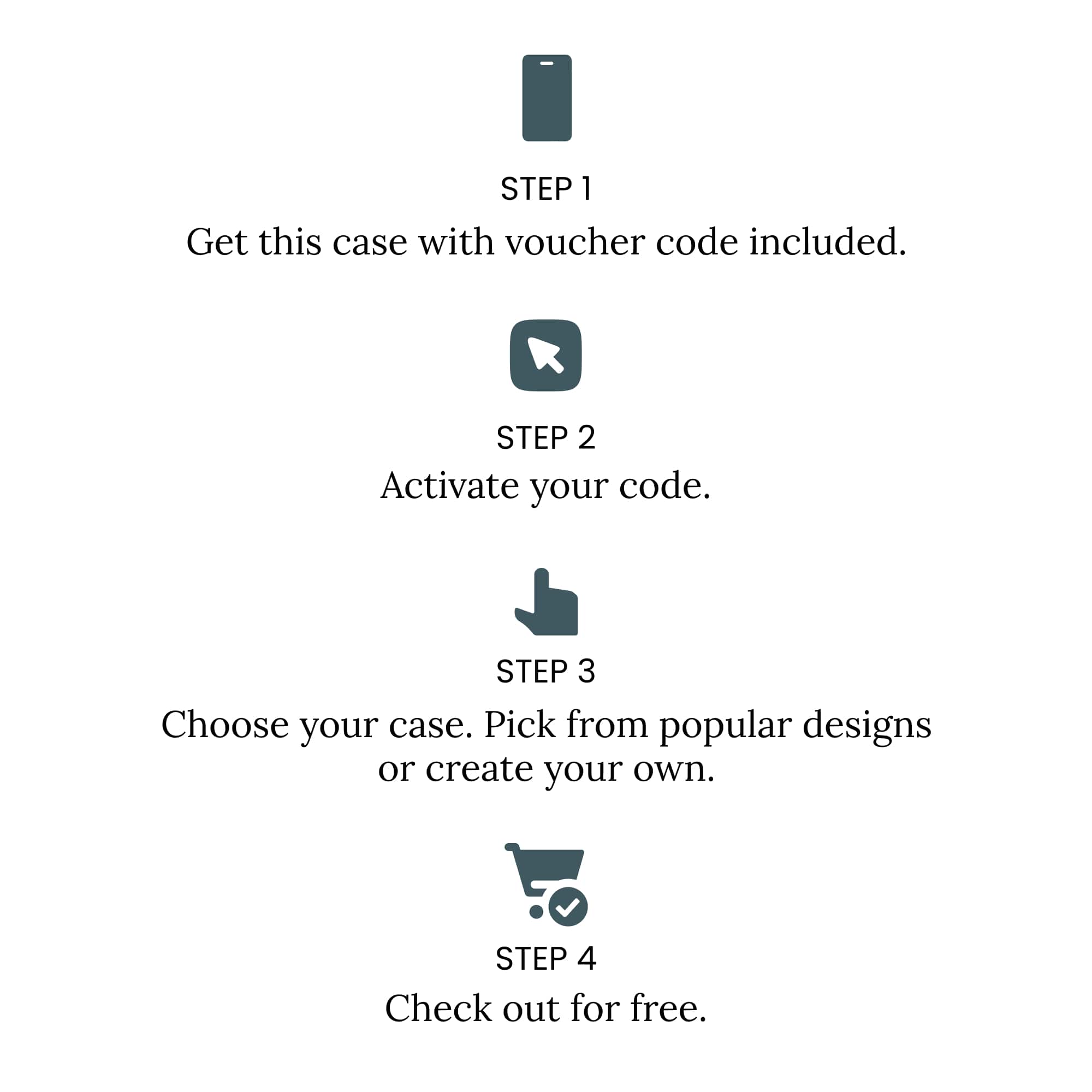 STEP 1: Get this case with voucher code included.
STEP 2: Activate your code.
STEP 3: Choose your case. Pick from popular designs or create your own.
STEP 4: Check out for free.