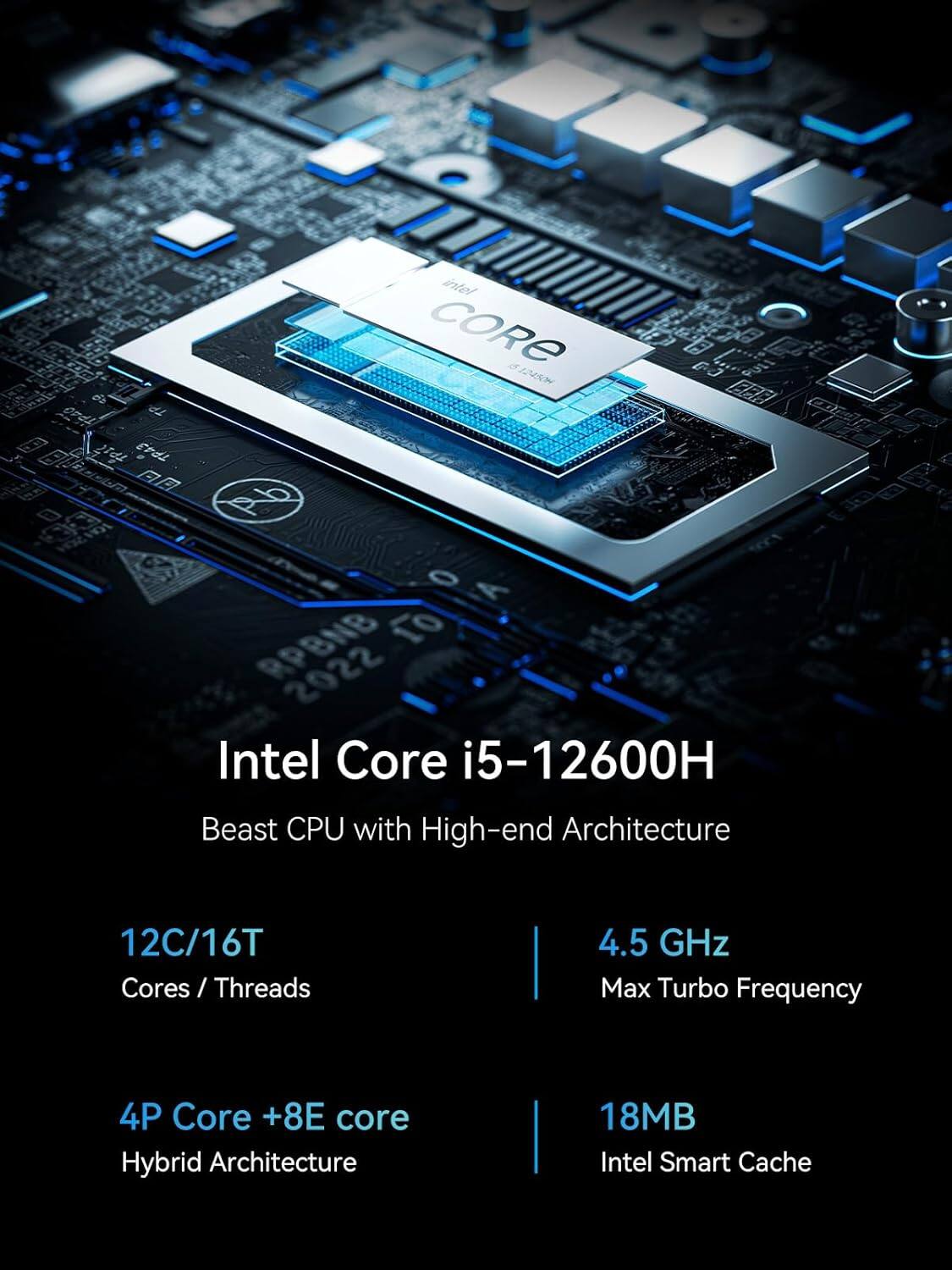 Intel Core i5-12600H  
Beast CPU with High-end Architecture  

12C/16T  
Cores / Threads  

4P Core + 8E core  
Hybrid Architecture  

4.5 GHz  
Max Turbo Frequency  

18MB  
Intel Smart Cache