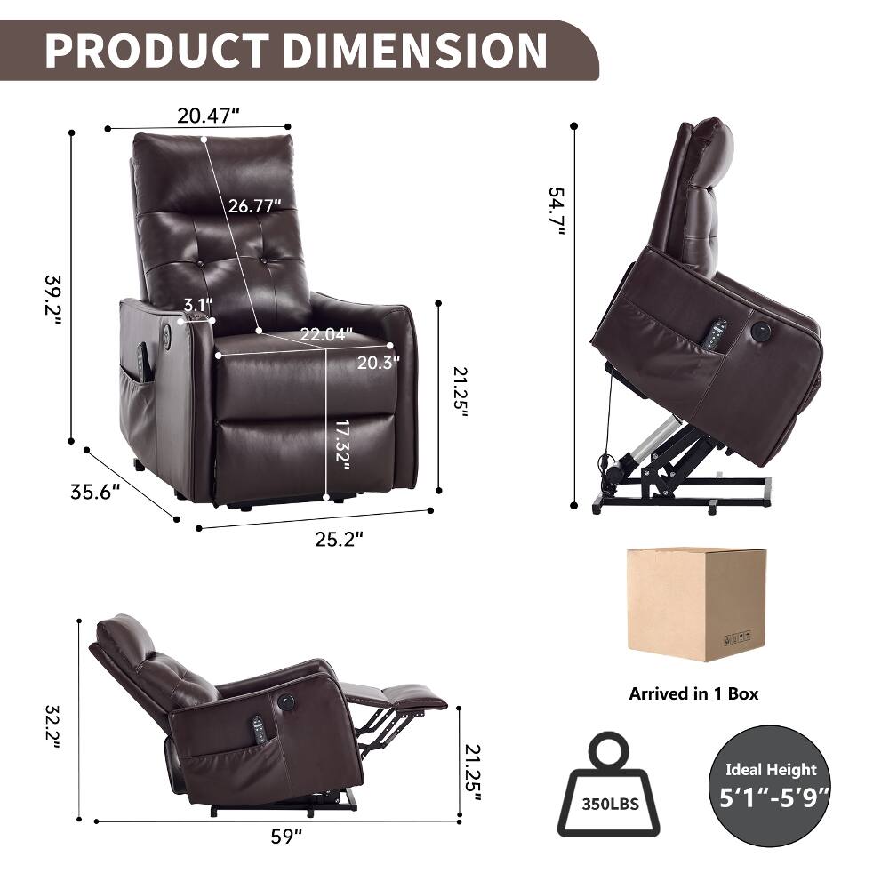 PRODUCT DIMENSION  
39.2" 35.6"  
20.47" 26.77" 3.1" 22.04" 20.3" 17.32" 25.2"  
21.25"  
54.7"  
32.2"  
59"  
21.25"  
Arrived in 1 Box  
Ideal Height 350LBS 5'1"-5'9"