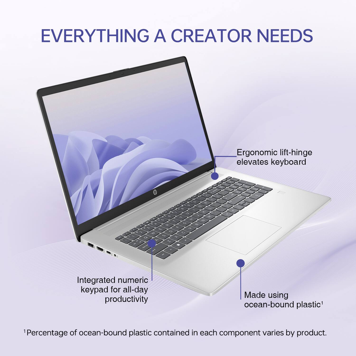 EVERYTHING A CREATOR NEEDS Ergonomic lift-hinge elevates keyboard - 2 a . 1 - - -. - - - - - 2 - 2 - - - 4 - 2 - 29 - M - - A O C - - 2 2 . i  Integrated numeric keypad for all-day productivity Made using ocean-bound plastic' Percentage of ocean-bound plastic contained in each component varies by product.
