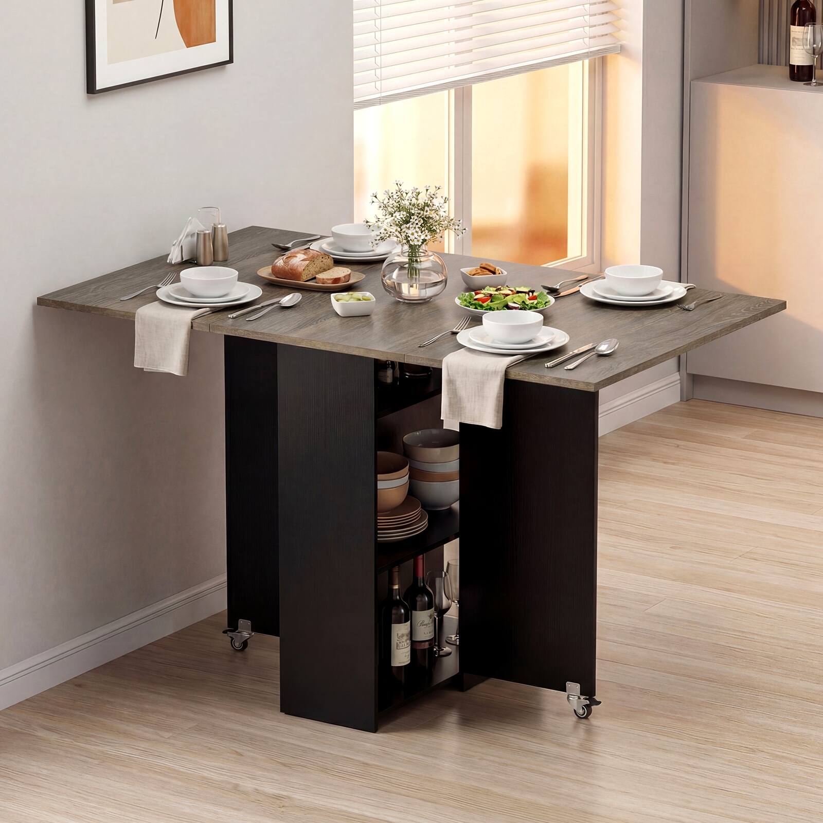 Alt View 1. Gymax - Gymax Folding Dining Table for 2-4 w/2 Open Shelves Drawer 2 Lockable Universal Wheels - Gray.