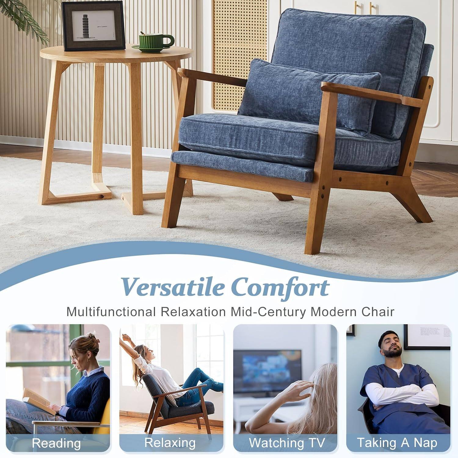 Versatile Comfort  
Multifunctional Relaxation Mid-Century Modern Chair

Reading  
Relaxing  
Watching TV  
Taking A Nap