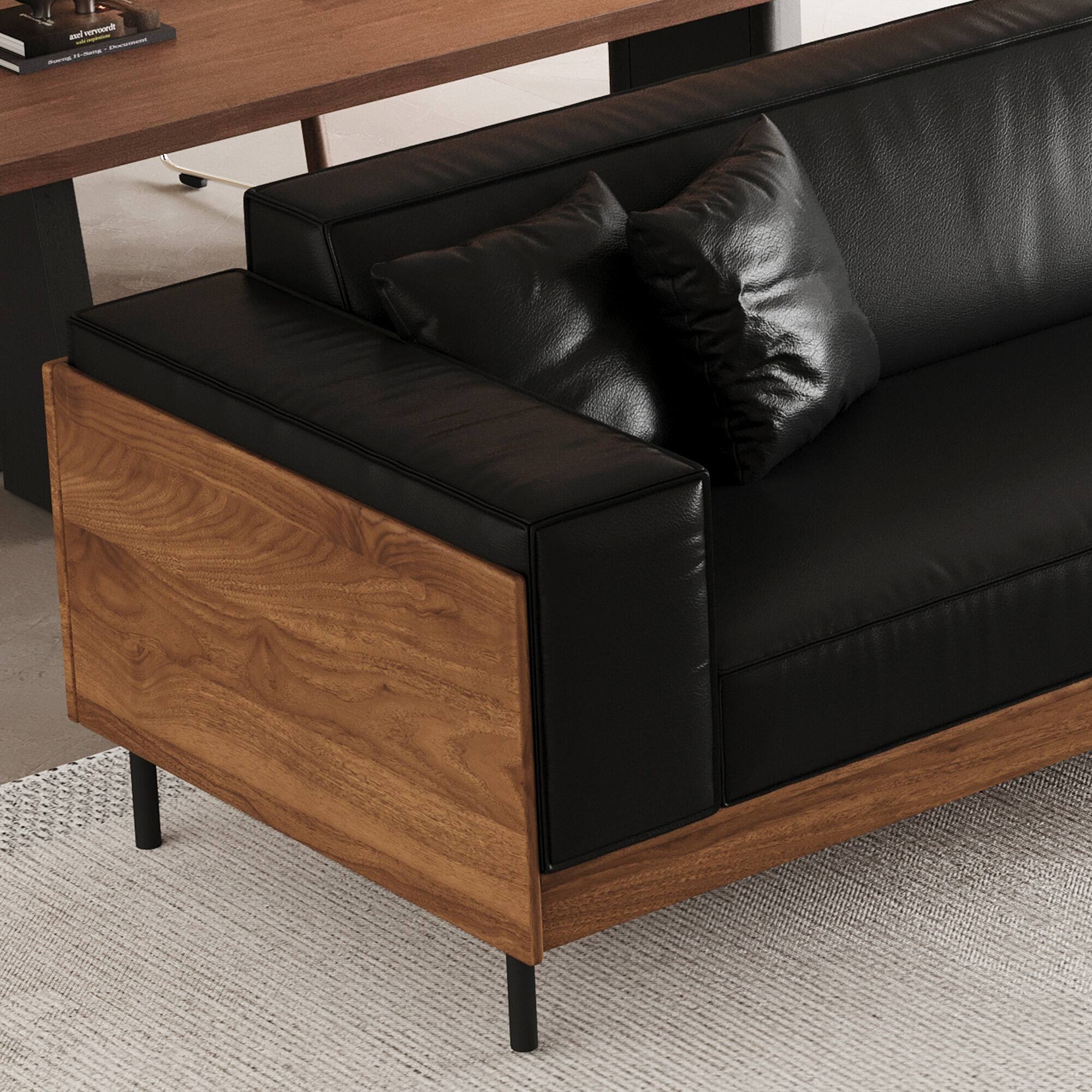 Back. luck idea - Modern Leather Sofa 106.3" Wide with Solid Wood Frame, Metal Legs and 3 Decorative Pillows - Black.