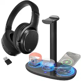 Delton - M101 Wireless Computer Headset and HS1 Stand/Desktop Organizing Wireless Charger, (DHSWC1101XD) - Black
