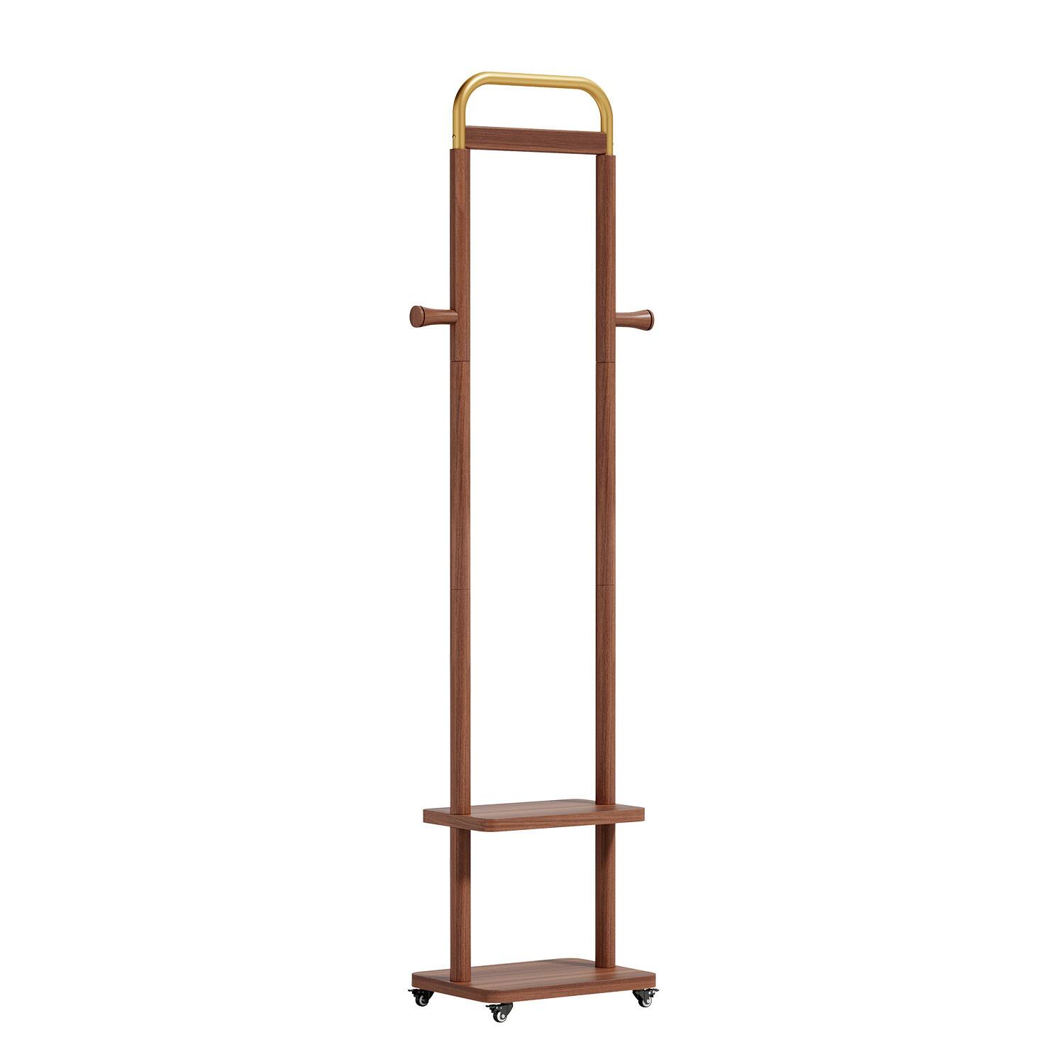 Alt View 3. MERAVOM - Solid Wood Coat Rack Freestanding, Rolling Clothes Rack with 2 Hooks & Shelves, Clothing Rack with Wheels for Bedroom - Walnut.
