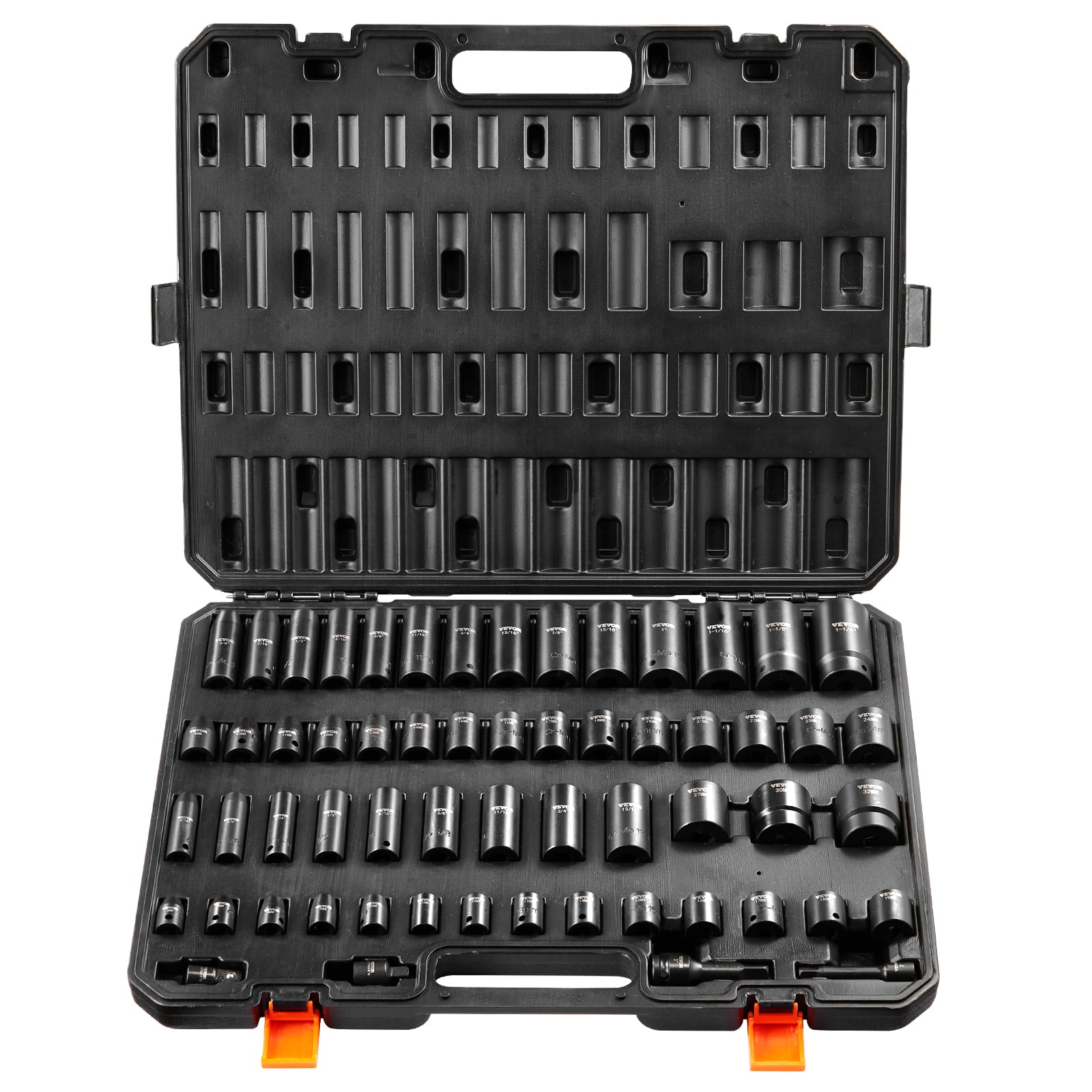 VEVOR - 3/8" & 1/2" Drive Impact Socket Set, 59PCS Socket Set SAE 5/16" to 1-1/4" and Metric 6-32mm, 6 Point Cr-Mo Alloy Steel - Black