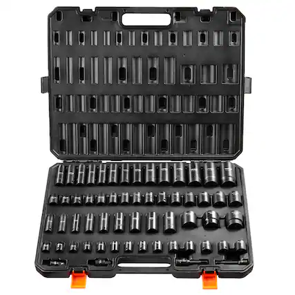 Front. VEVOR - 3/8" & 1/2" Drive Impact Socket Set, 59PCS Socket Set SAE 5/16" to 1-1/4" and Metric 6-32mm, 6 Point Cr-Mo Alloy Steel - Black.