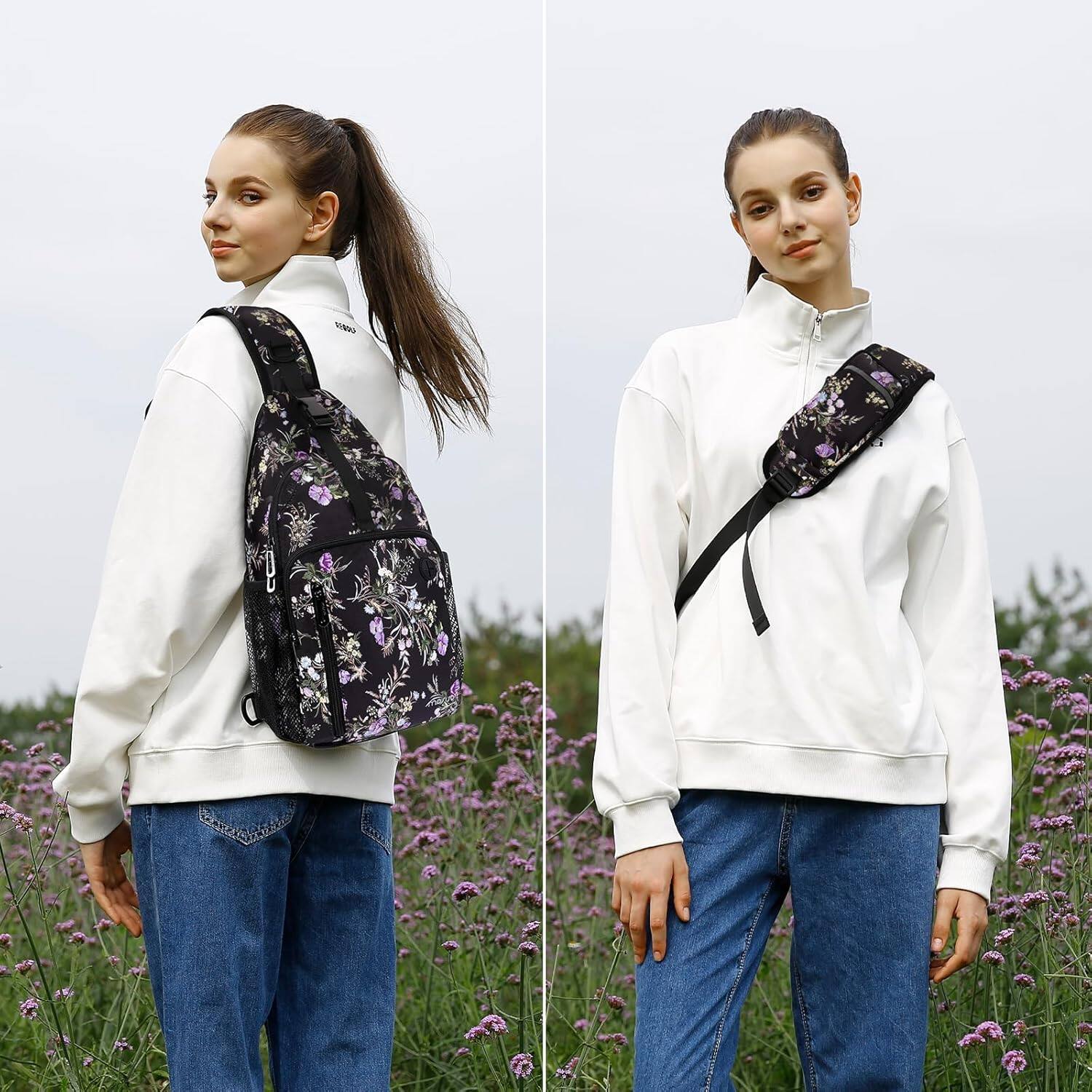 Left. mosiso - Sling Bag Crossbody Shoulder Bag Travel Hiking Daypack Chest Bag with Front Square Pocket&USB Charging Port - Wildflower Bouquet.