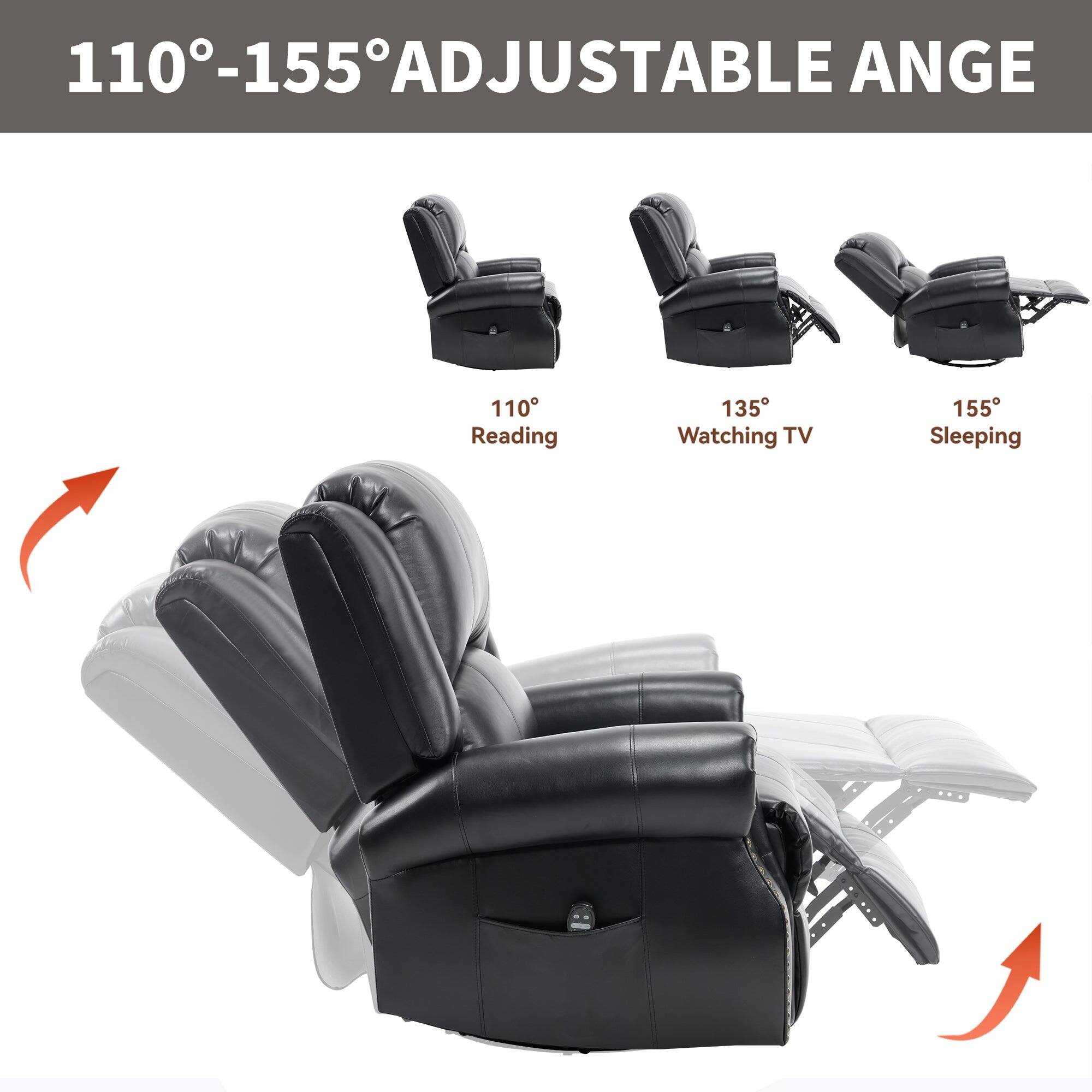110°-155° Adjustable Angle

110° Reading  
135° Watching TV  
155° Sleeping