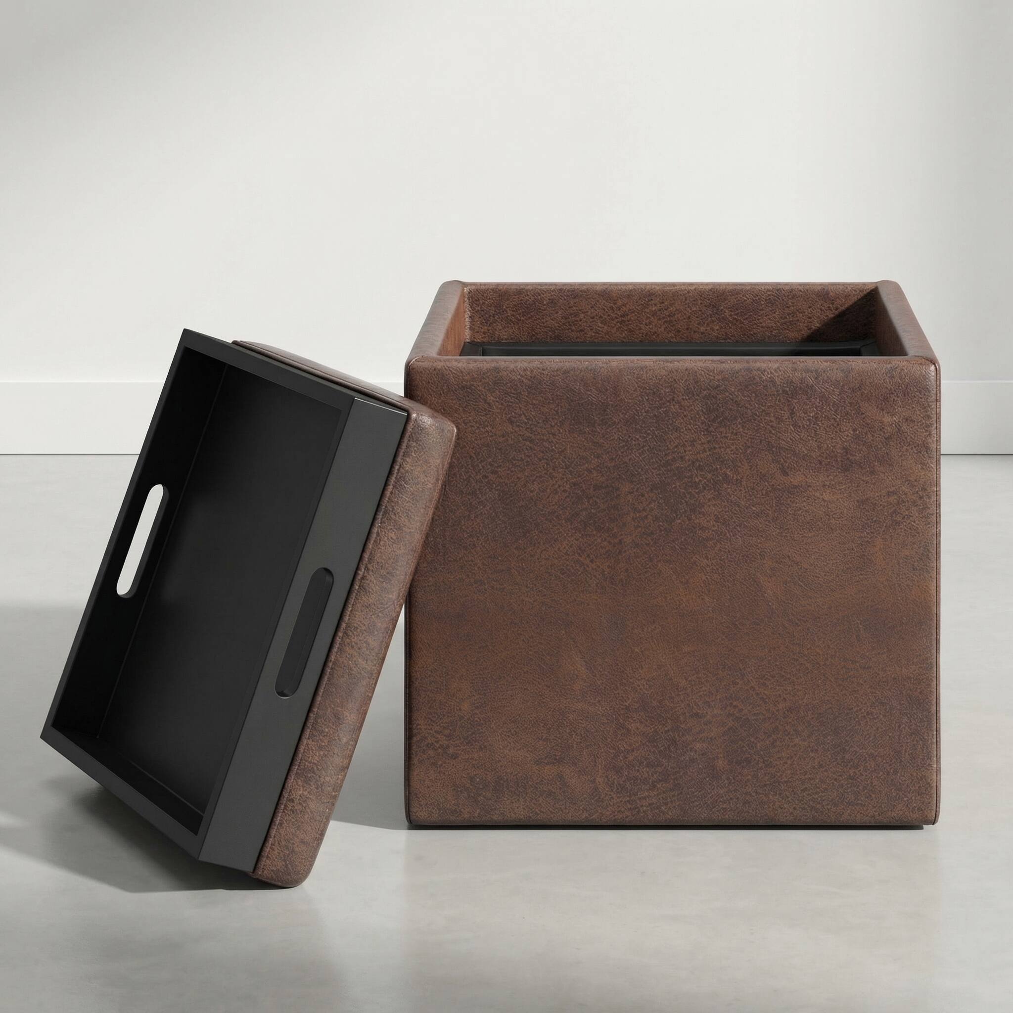 Back. Simpli Home - Rockwood 17 inch Wide Upholstered Vegan Leather Square Storage Ottoman with Tray, Aged Brown - Aged Brown.
