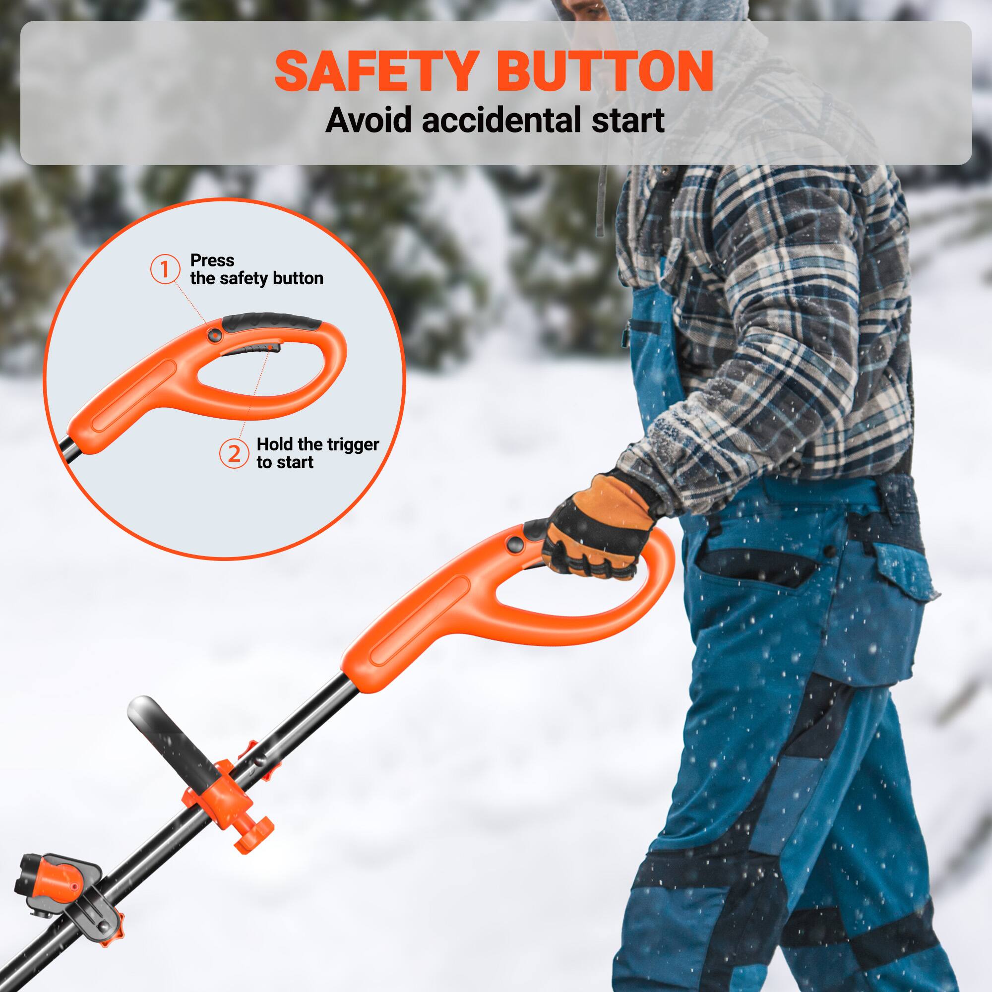 SAFETY BUTTON  
Avoid accidental start

1. Press the safety button  
2. Hold the trigger to start