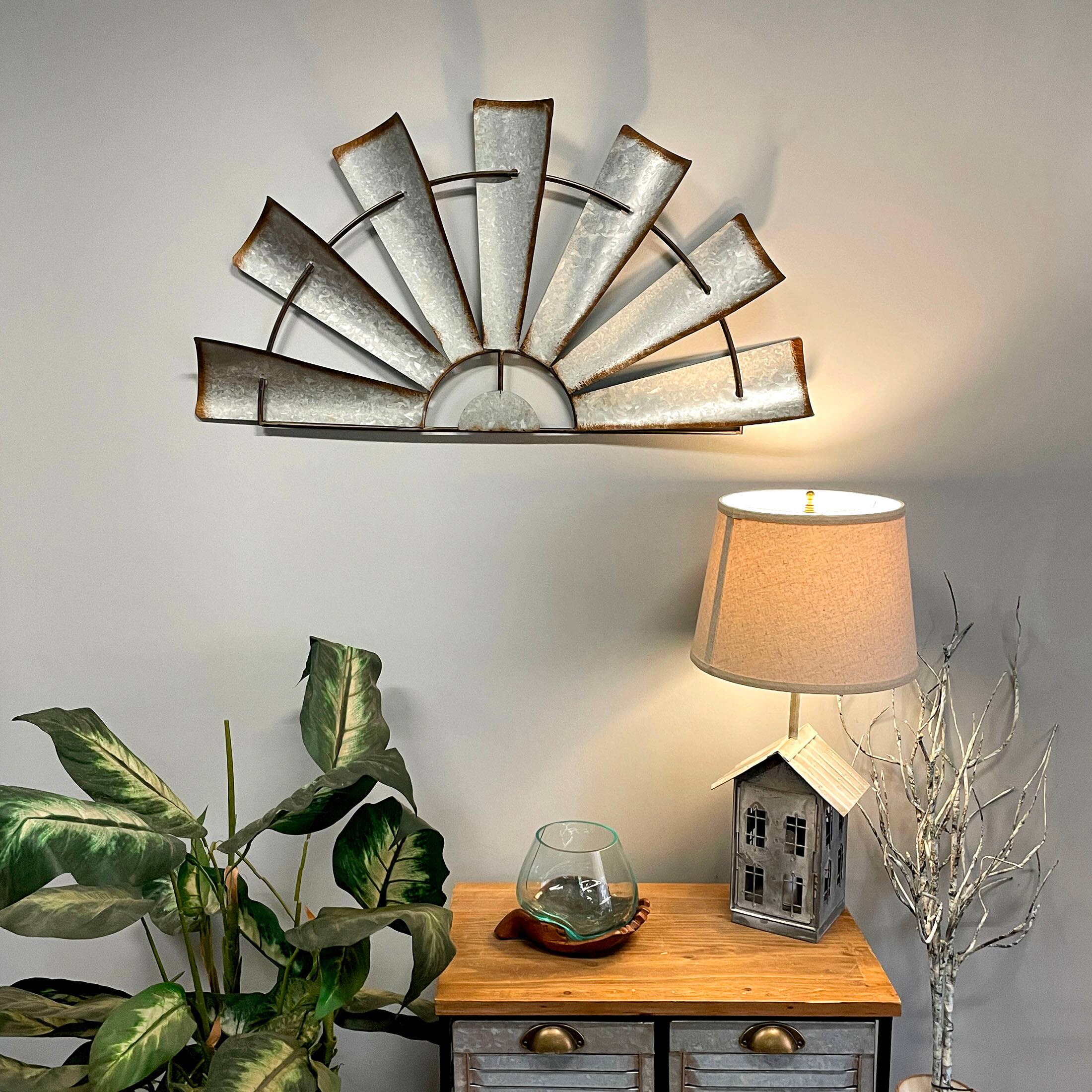 Alt View 4. Zeckos - Distressed Rustic Galvanized Metal Half Moon Windmill Wall Art Sculpture - Silver.