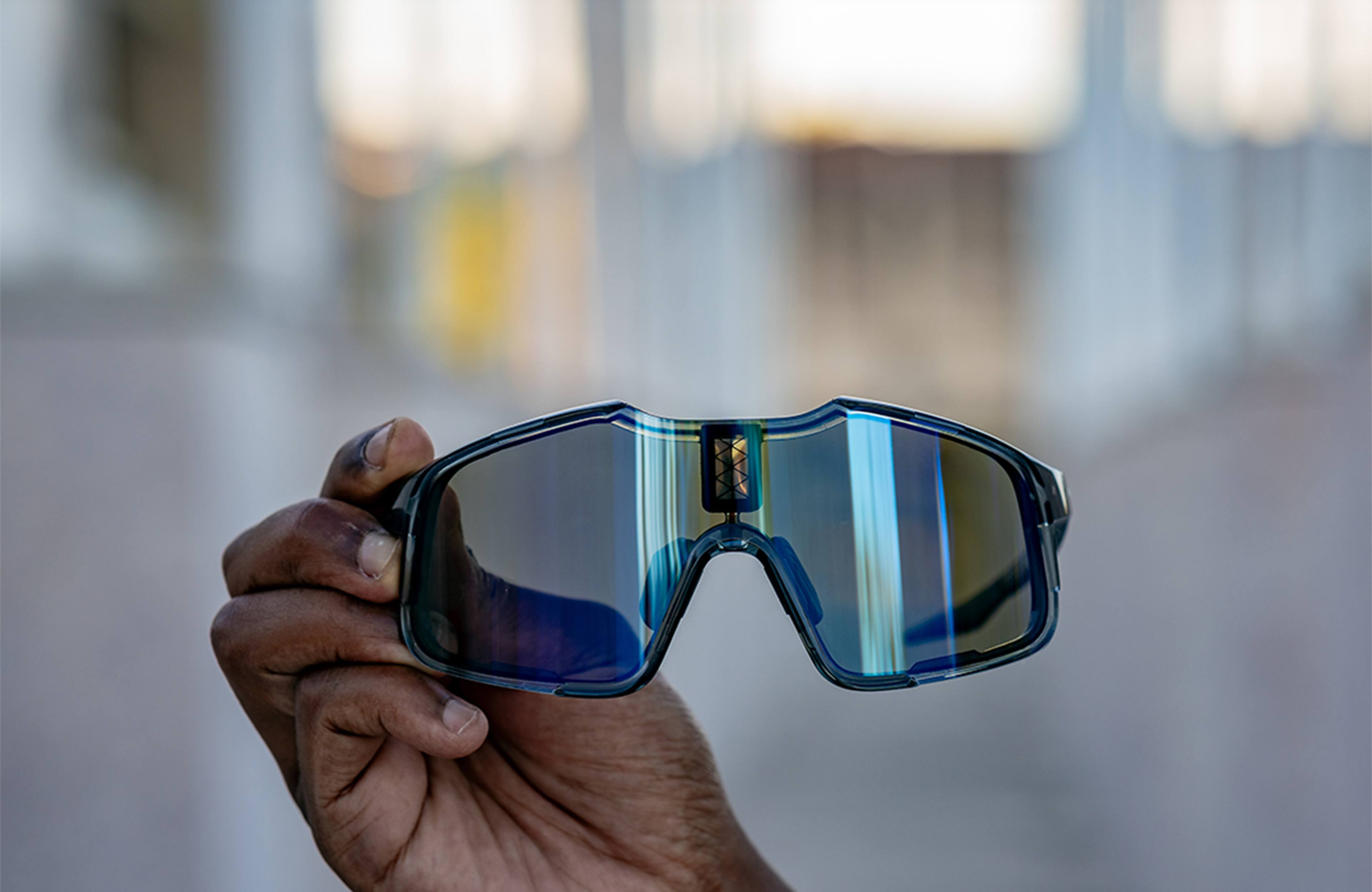 Alt View 4. Chamelo - Falcon - Sports Smart Glasses with Electrochromic Auto Tint - Obsidian frame | Alpha Blue lenses.
