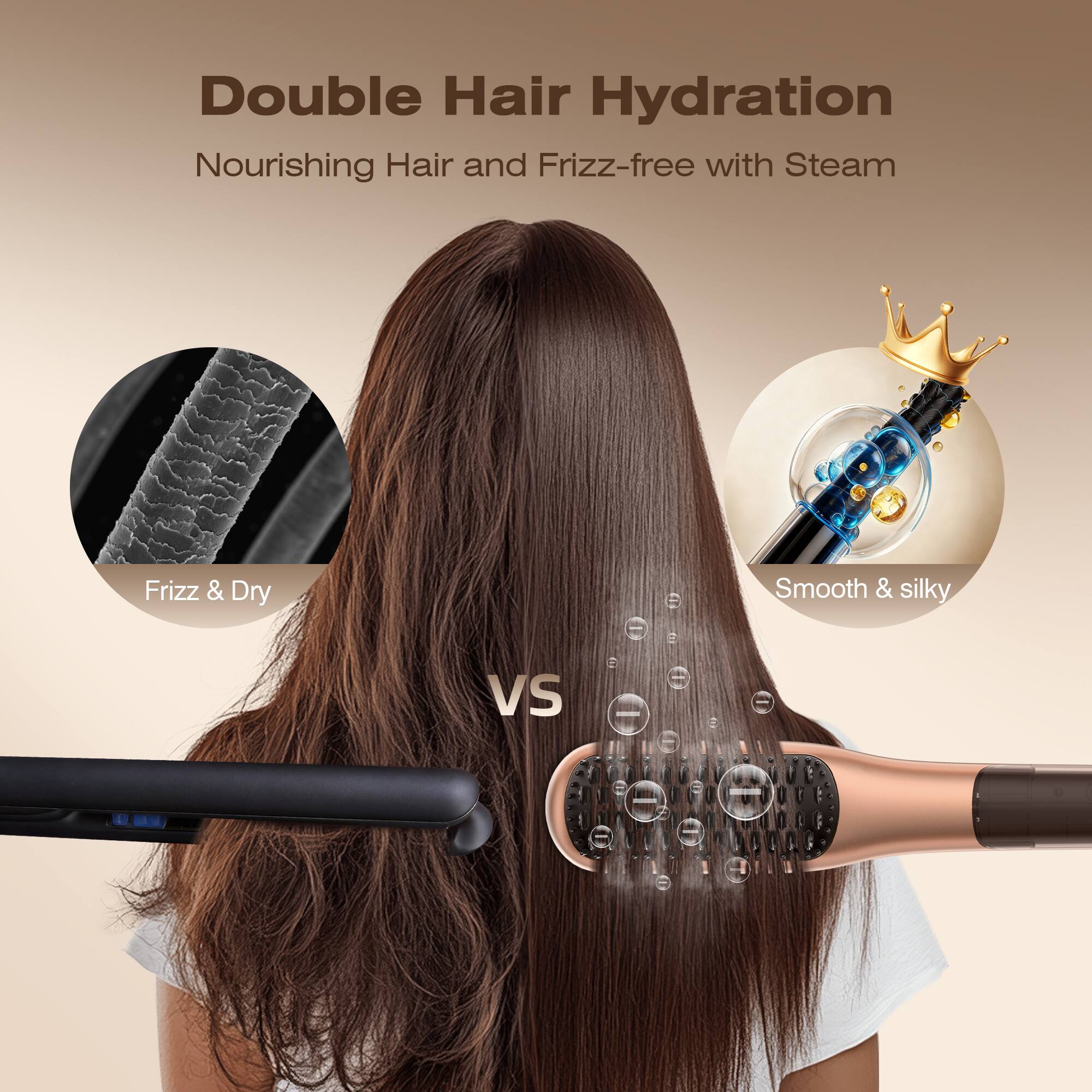 Double Hair Hydration  
Nourishing Hair and Frizz-free with Steam  

Frizz & Dry  
VS  
Smooth & silky