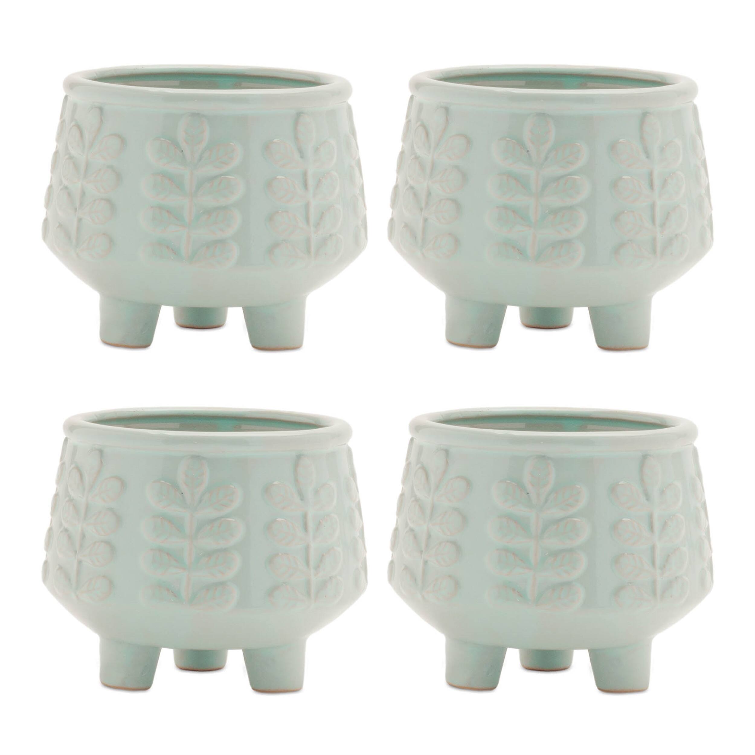 Angle. BreeBe - Footed Ceramic Leaf Pattern Planter (Set of 4) - Blue.