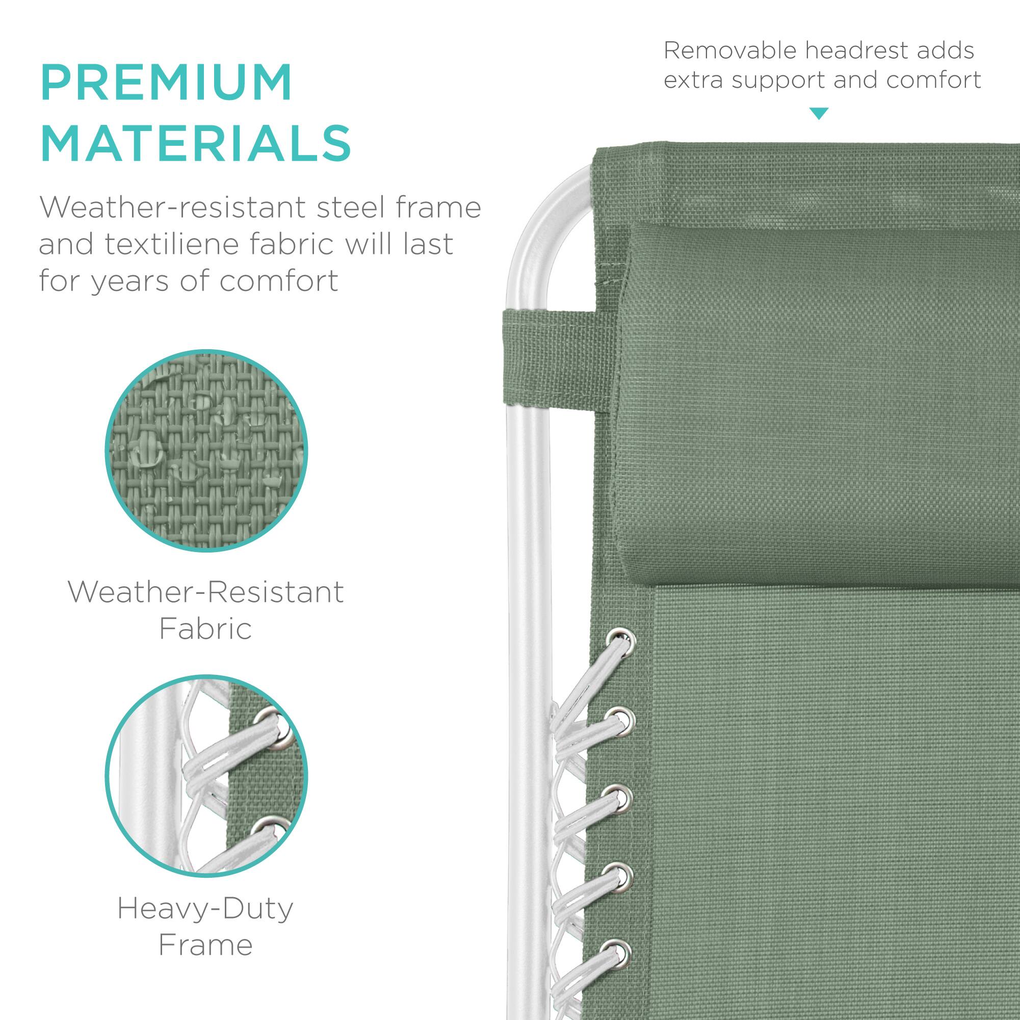 PREMIUM MATERIALS

Weather-resistant steel frame and textilene fabric will last for years of comfort

- Removable headrest adds extra support and comfort
- Weather-Resistant Fabric
- Heavy-Duty Frame