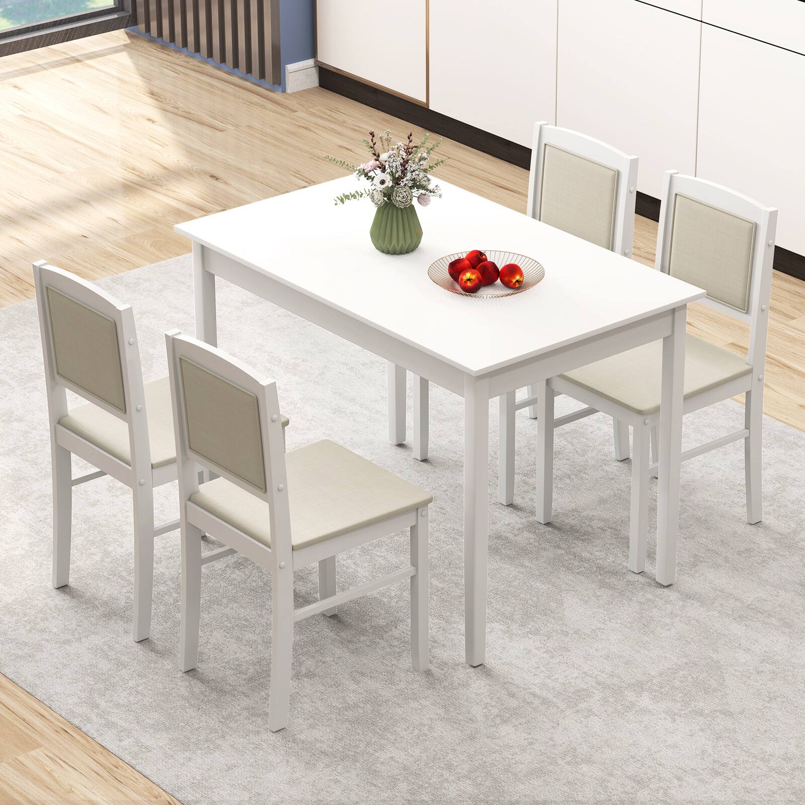 Alt View 3. Gymax - Gymax 5 PCS Dining Table Set for 4 w/Rubber Wood Legs Upholstered Seat Padded Backrest Beige - Beige.