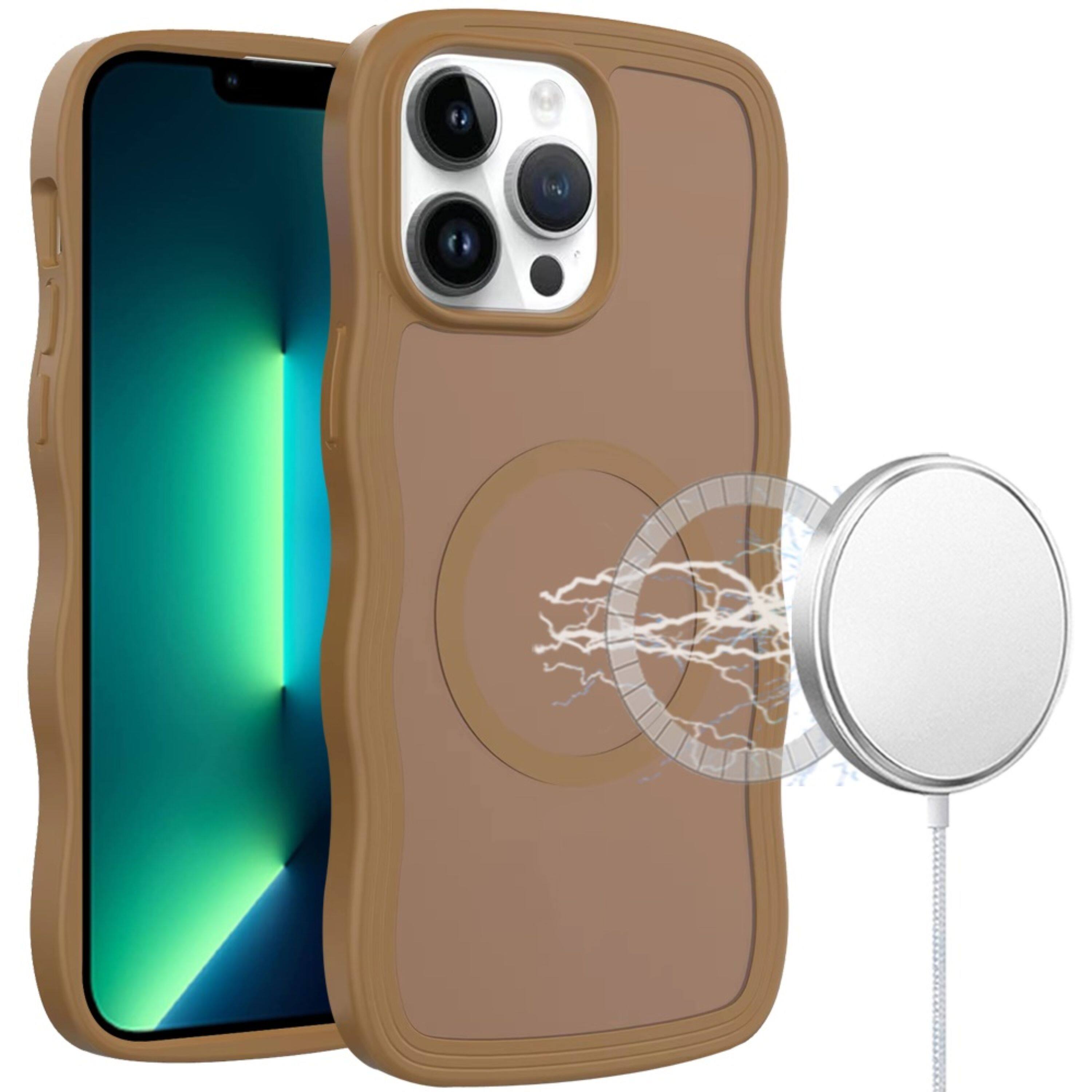 Front. Kitcheniva - Modern Wavy Grip Magnetic Ring Holder Phone Cover For iPhone 13 Pro Max Coffee - Brown.