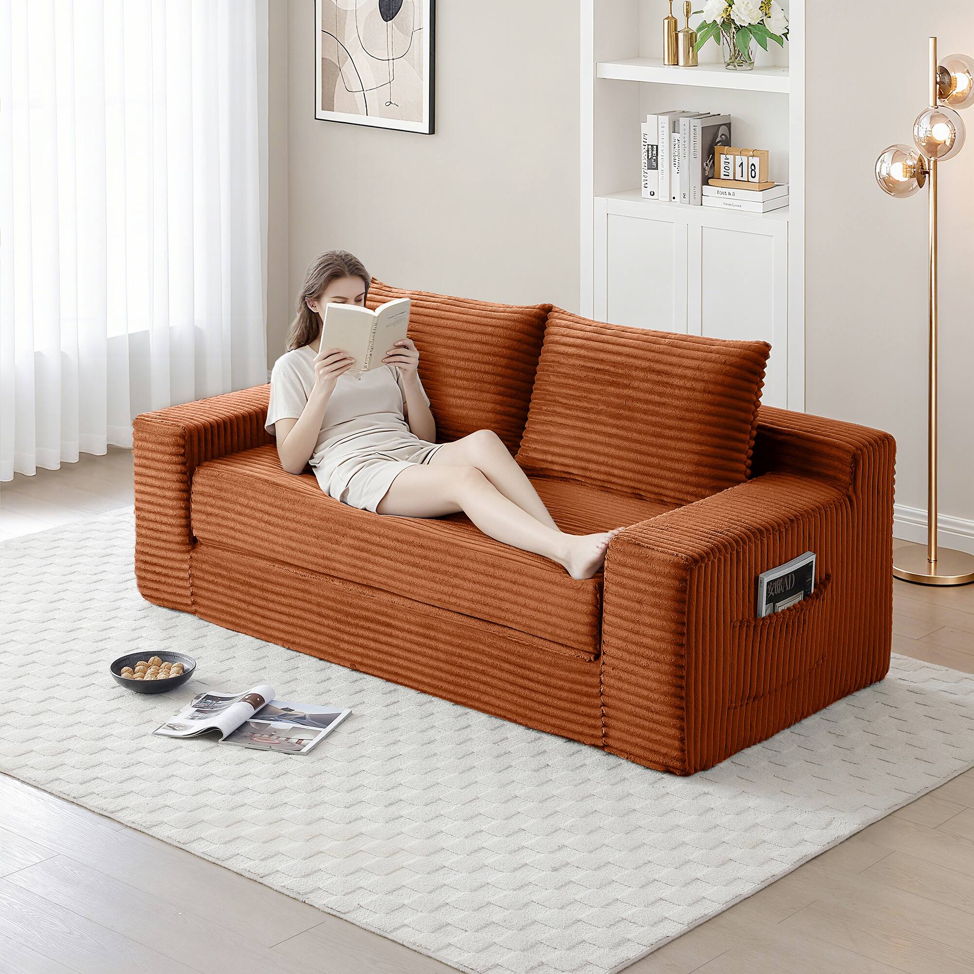 Left. Trinkets Crazed - Memory Foam Cloud Loveseat Sofa,2 in 1 Convertible Folding Couch Bed,No Assembly Compressed Corduroy Floor Lounge Sofa - Orange.