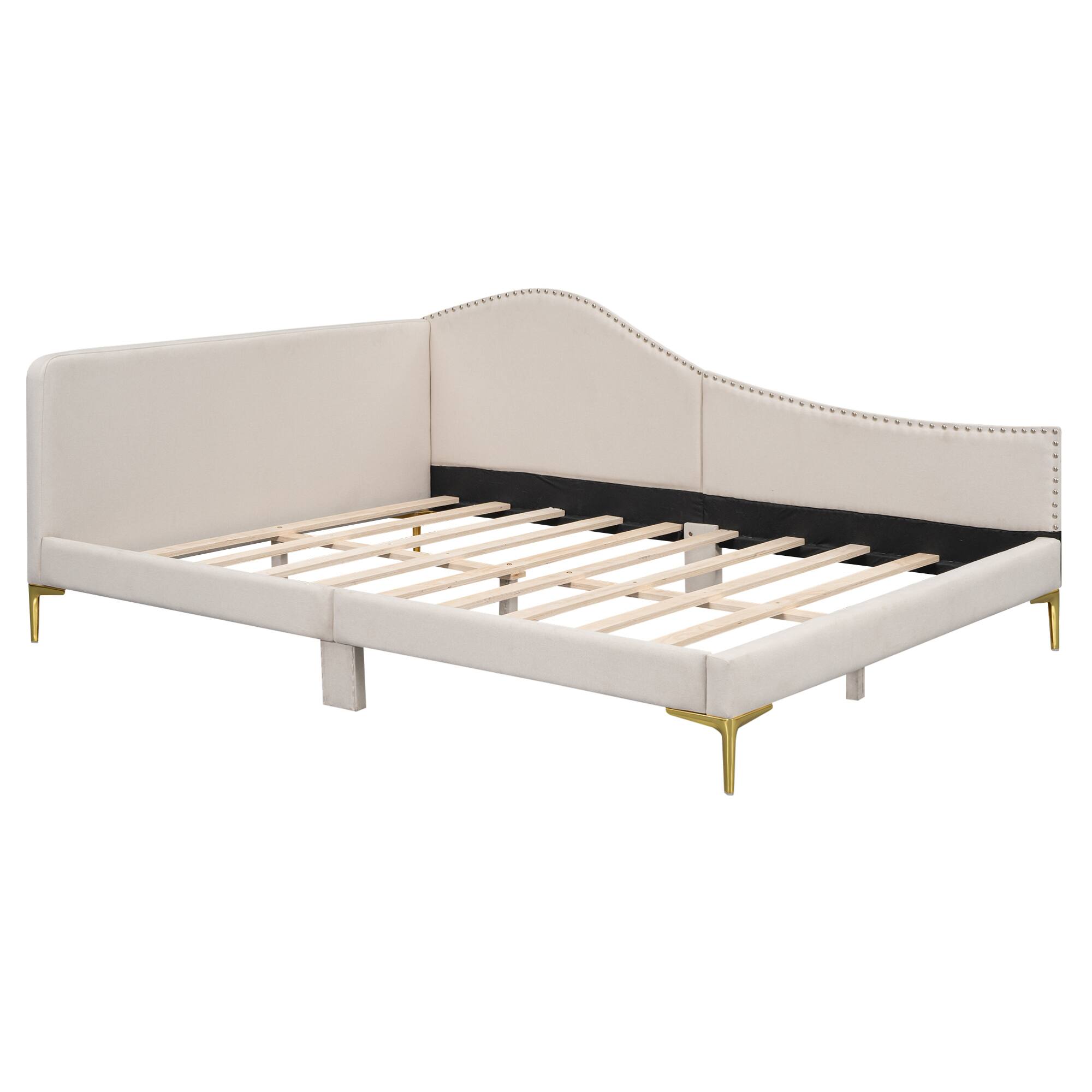 Alt View 7. GOODSILO - Full Size Upholstered Daybed with Headboard and Armrest, Support Legs - Beige.