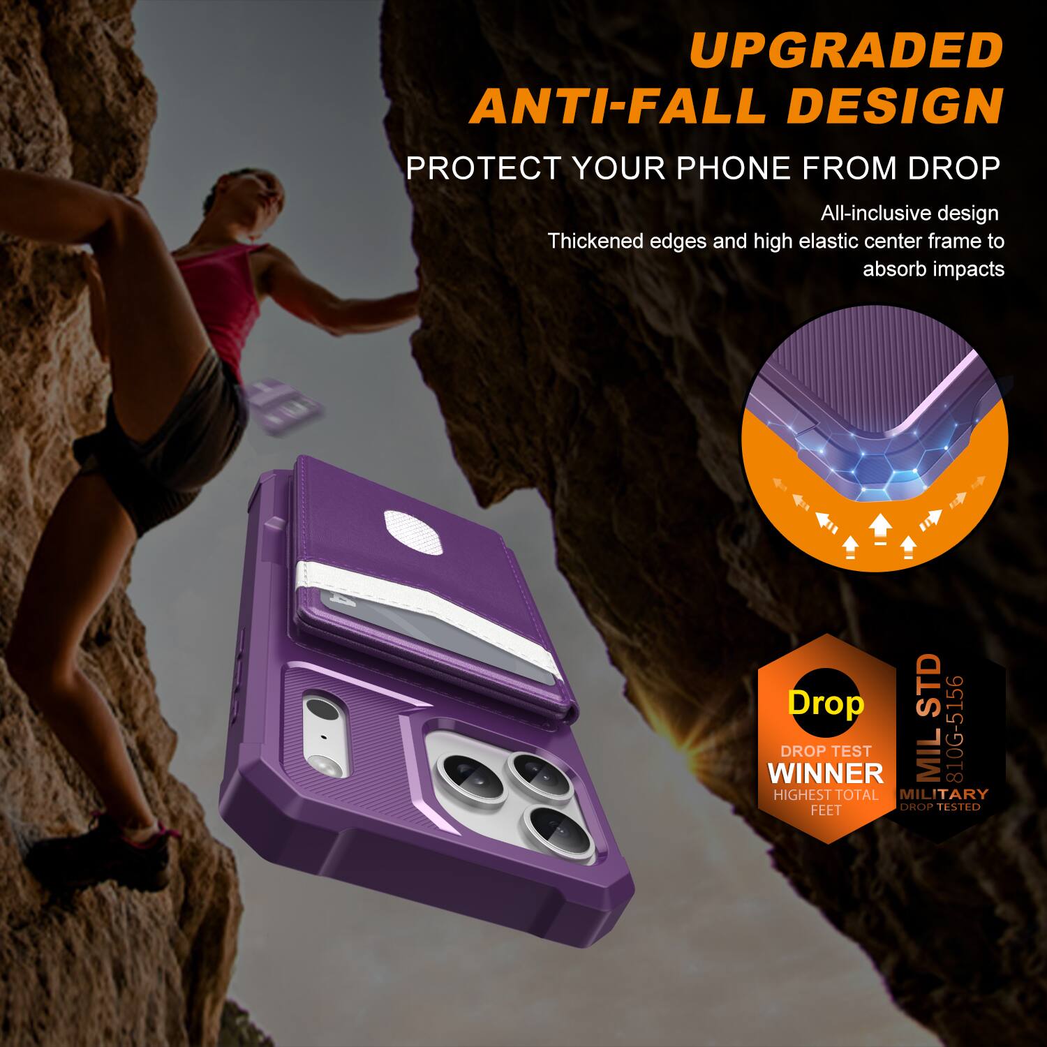 UPGRADED ANTI-FALL DESIGN  
PROTECT YOUR PHONE FROM DROP  

All-inclusive design  
Thickened edges and high elastic center frame to absorb impacts  

Drop TEST WINNER  
MIL 810G-5166  
HIGHEST TOTAL MILITARY FEET DROP TESTED