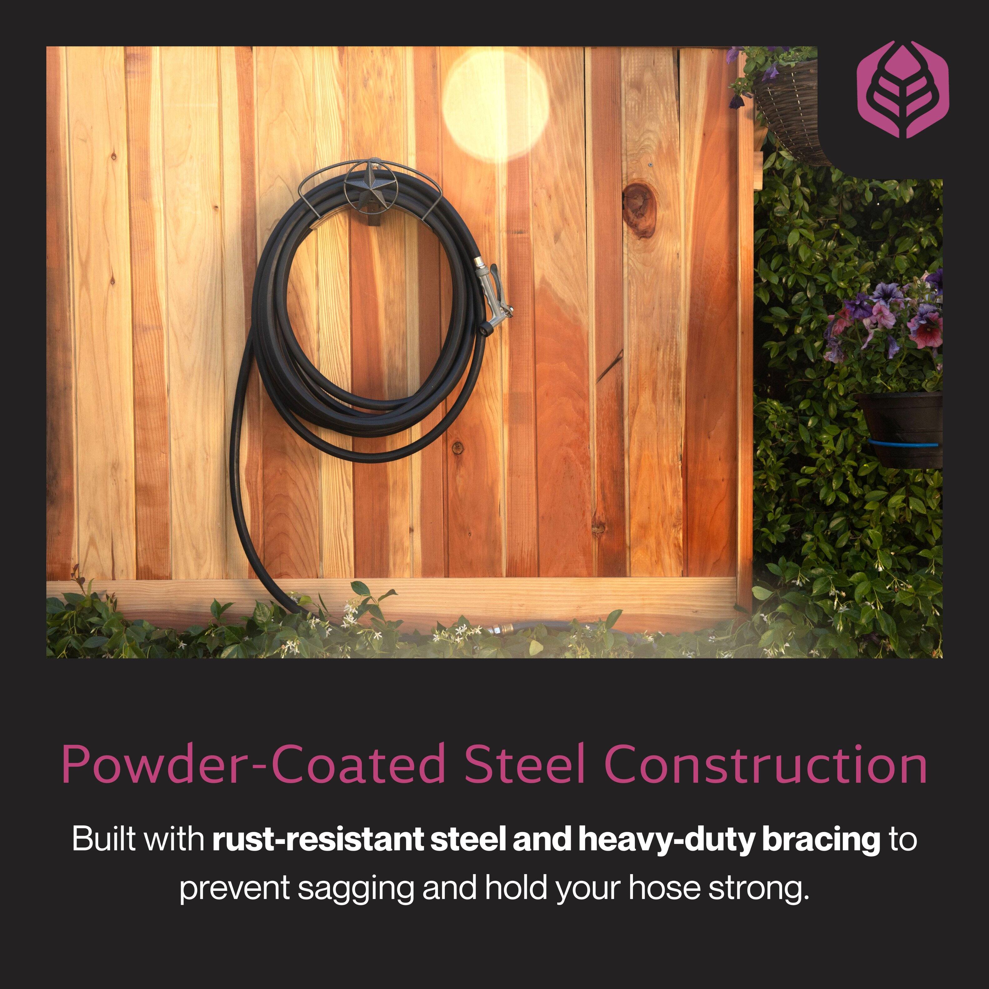 Powder-Coated Steel Construction  
Built with rust-resistant steel and heavy-duty bracing to prevent sagging and hold your hose strong.