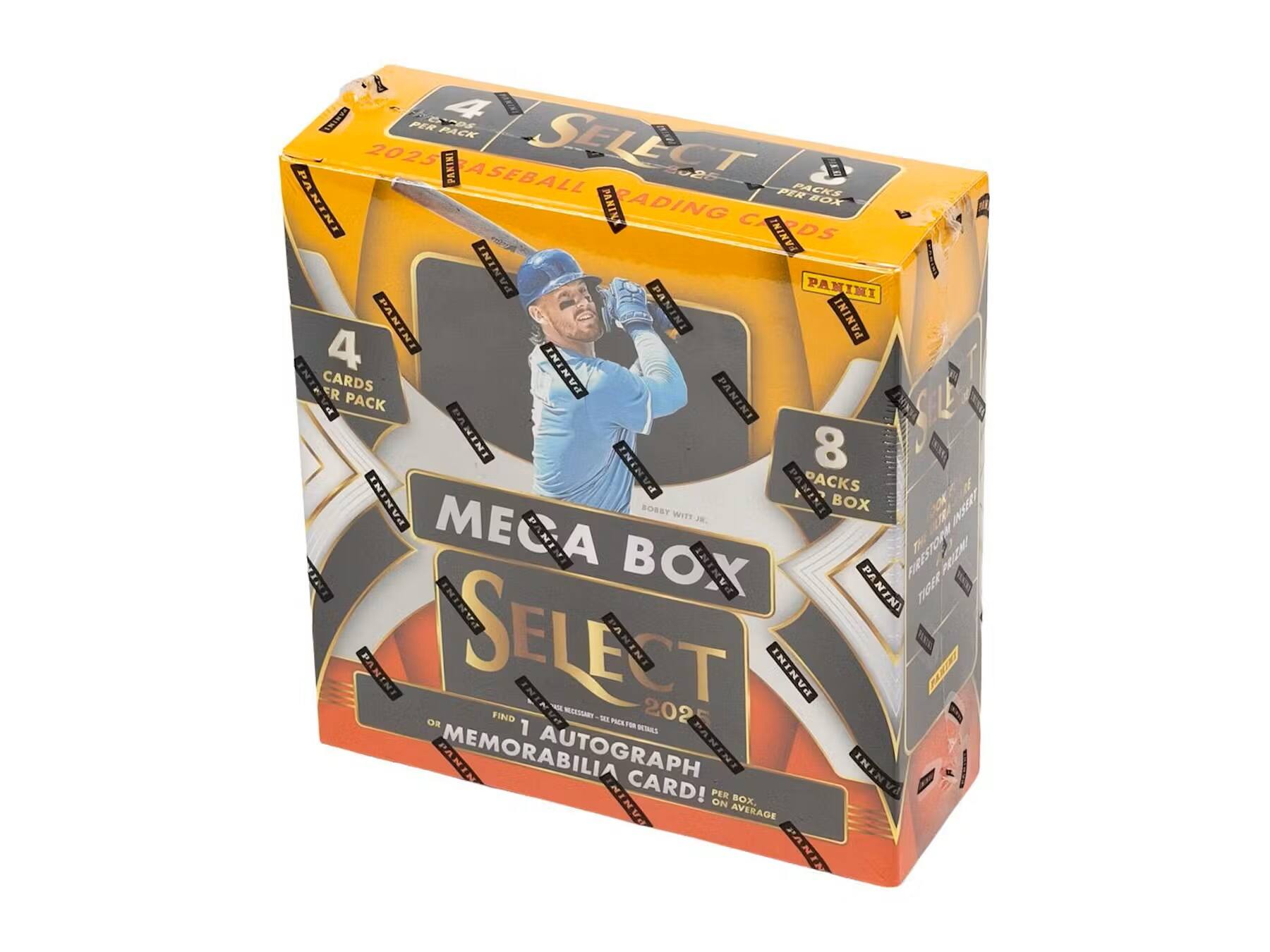 CRICED CN 4 PER PACK 2025 PANINI BASEBALL SELECT 2! PACKS PER BOX PANINI PANINI RADING C FANINI RDS PANINI PANINI PANIN PANINI PANINI 4 PANINI JNTE ER CARDS PANINI PACK PHes PANINI 8 PAMINI Vd PACKS PAKINI BOSSY WITH INIR BOX INSEE MECA A BOX FIRES PRN IH PANINI PANINI TIOER PANINI SELECT PANINI PANINI IHI PANINI 1 202 FIND MC - OR 1 PMSTI MAZ PANIN MEMORABILIA AUTOGRAPH PANINI INI 2 PANIN CARD! PER ON BOX.

Corrected text:
PANINI BASEBALL SELECT 2025  
4 CARDS PER PACK  
8 PACKS PER BOX  
MEGA BOX  
FIND 1 AUTOGRAPH OR MEMORABILIA CARD ON AVERAGE PER BOX