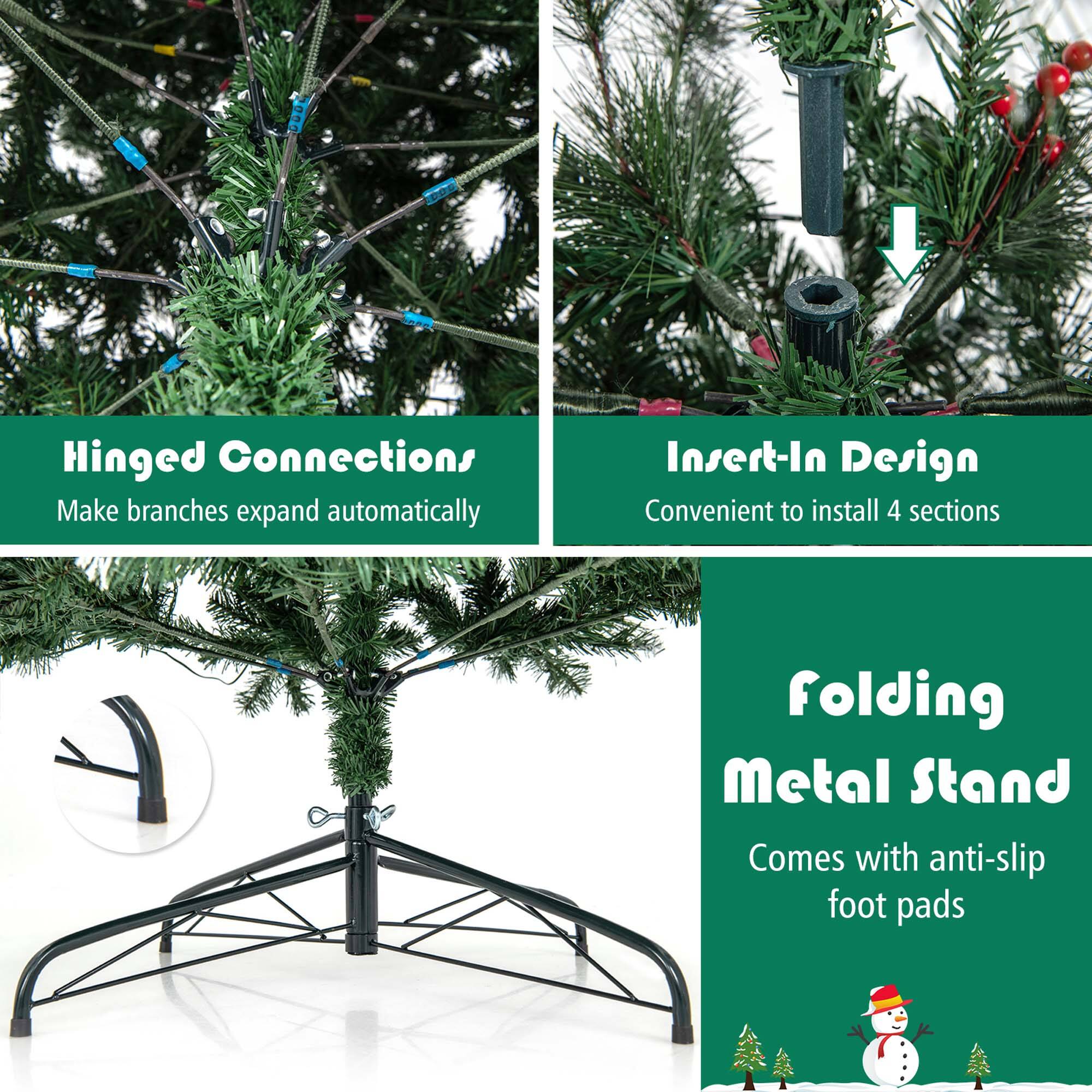 The image shows a tree stand with four sections. It features hinged connections that make branches expand automatically, making it convenient to install. The stand is designed with an insert-in design, and it comes with anti-slip foot pads for added safety.