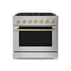 Front. Hauslane - HausPro 36 in. 6 Burners (20,000 BTU) Freestanding Dual Fuel Range - Satin Brass.