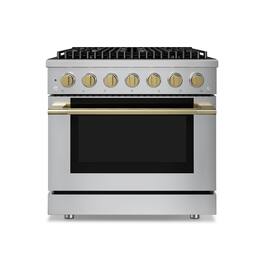 Hauslane - HausPro 36 in. 6 Burners Gas Range in Satin Brass with 20,000 BTU and Convection Oven with 5 Rack Positions - Satin Brass