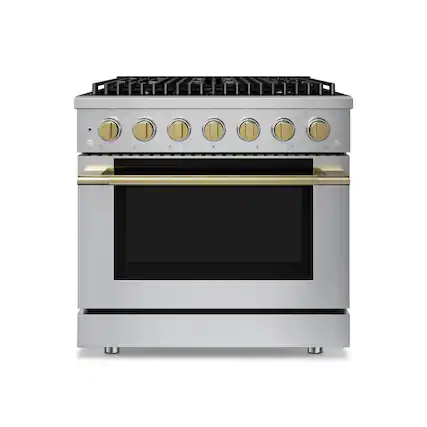 Front. Hauslane - HausPro 36 in. 6 Burners Gas Range in Satin Brass with 20,000 BTU and Convection Oven with 5 Rack Positions - Satin Brass.