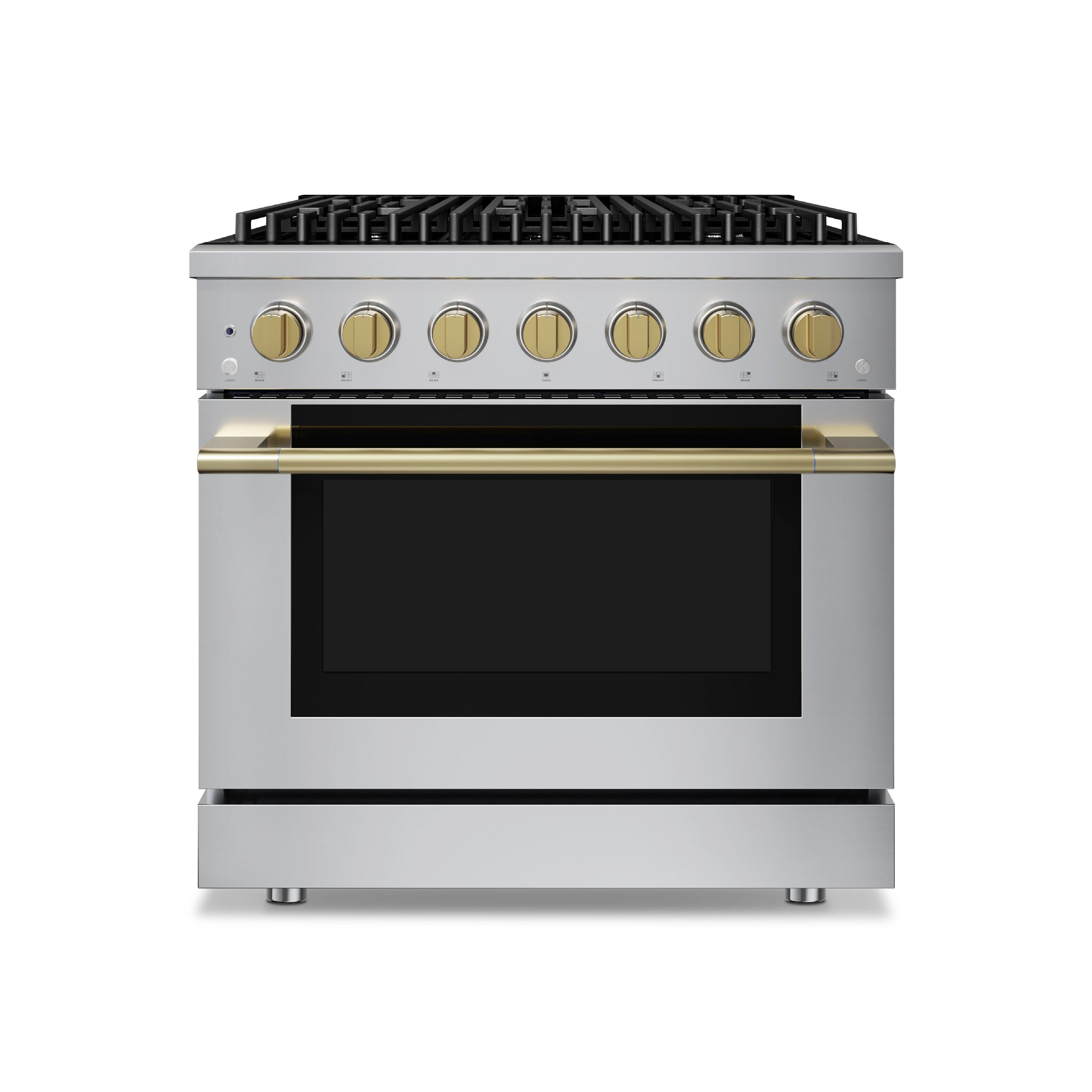 Front. Hauslane - HausPro 36 in. 6 Burners Gas Range in Satin Brass with 20,000 BTU and Convection Oven with 5 Rack Positions - Satin Brass.