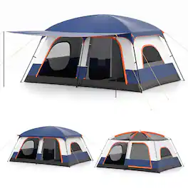 Costway - 8-10 Person Camping Tent with Porch & 2 Rooms, 2 Doors, Rainfly, Mesh Windows - Blue