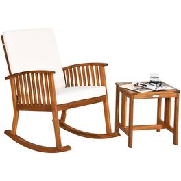 Costway - 2PCS Acacia Wood Patio Rocking Chair Set Cushioned Coffee Table - Teak