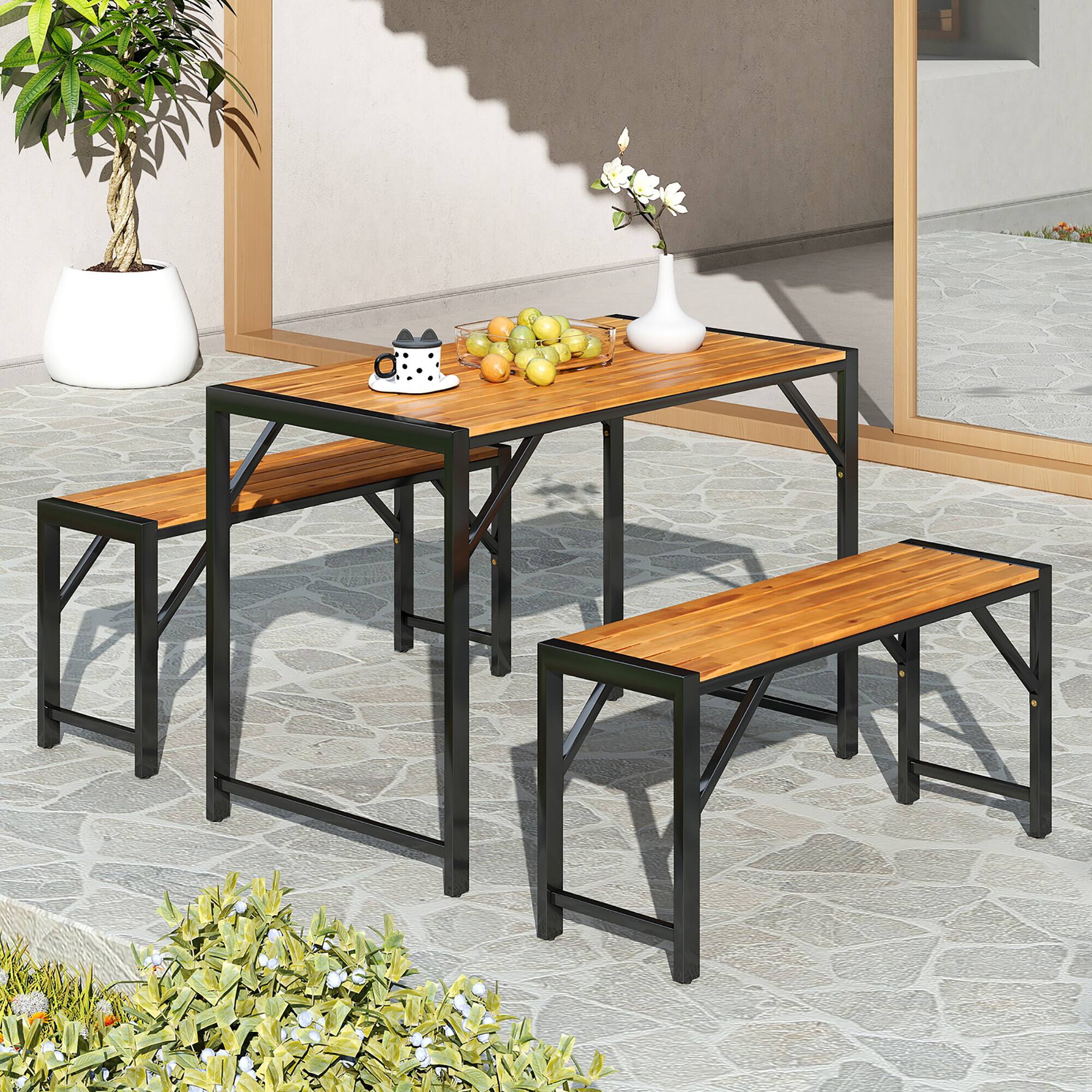 Alt View 1. Gymax - Gymax 3 PCS Dining Set for 4 People Outdoor Picnic Table & 2 Benches w/ Metal Frame - Natural, Black.