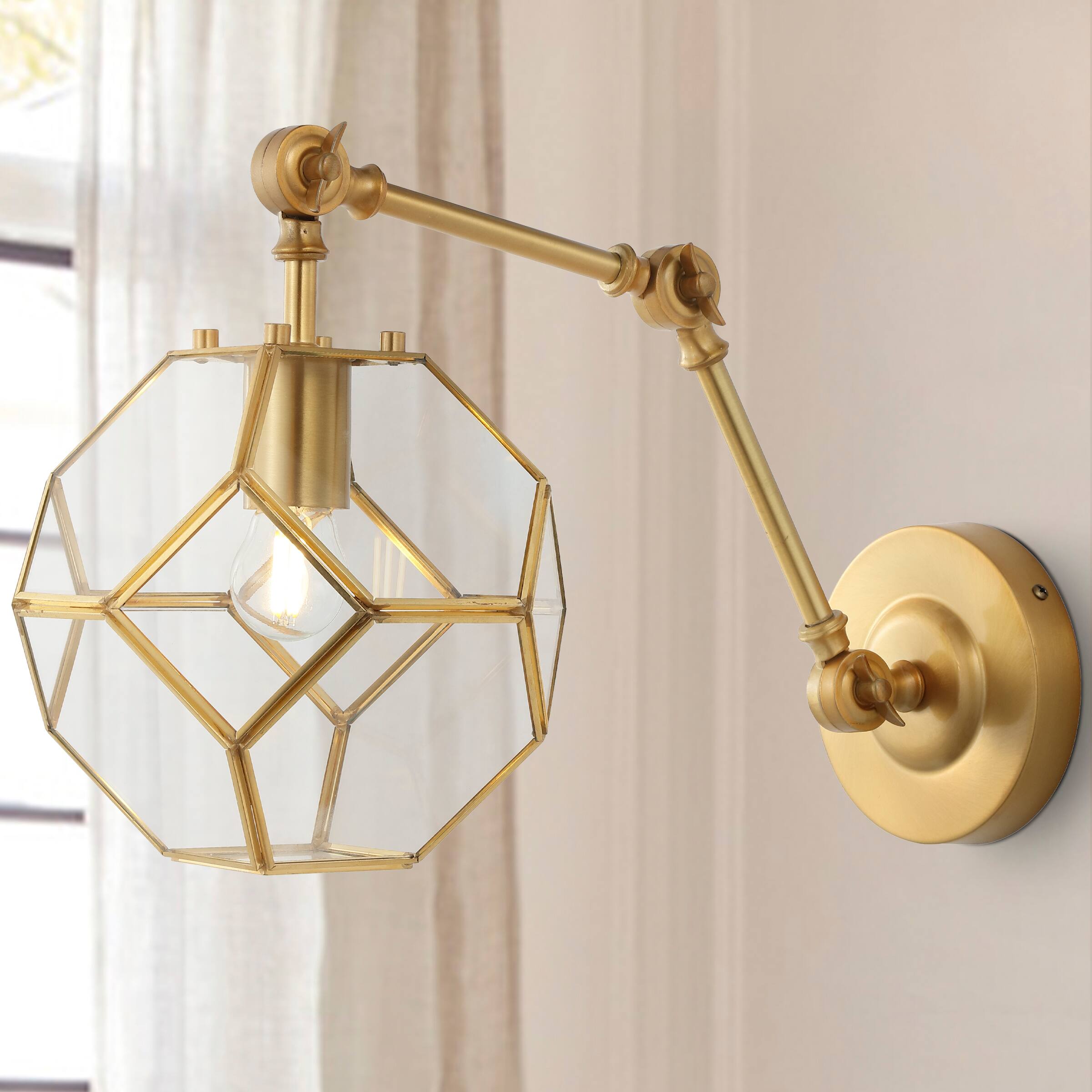 Alt View 7. Jonathan Y - Honeycomb 7.5" 1-Light Modern Contemporary Arm-Adjustable Iron/Glass LED Sconce, Brass Gold/Clear - Brass Gold/Clear.