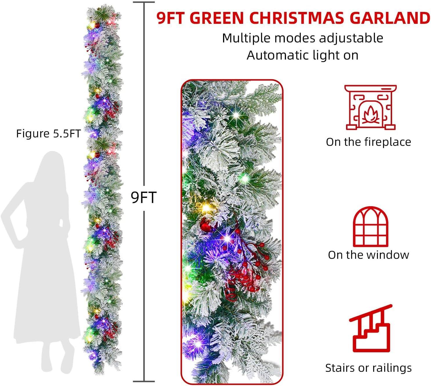 9FT GREEN CHRISTMAS GARLAND  
Multiple modes adjustable  
Automatic light on  

Figure 5.5FT  

On the fireplace  
On the window  
Stairs or railings